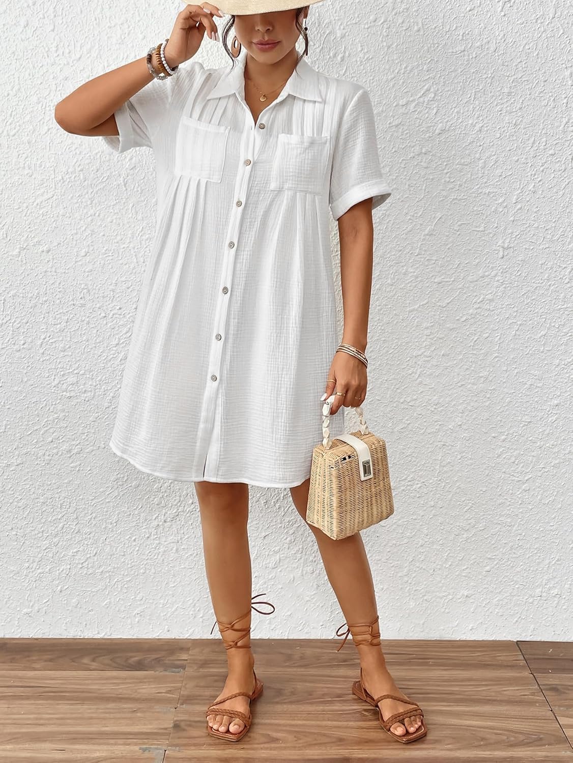 Bsubseach Swimsuit Cover Up for Women Short Sleeve Button Down Blouse Bathing Suit Cover Ups Cotton Beach Shirt Dress