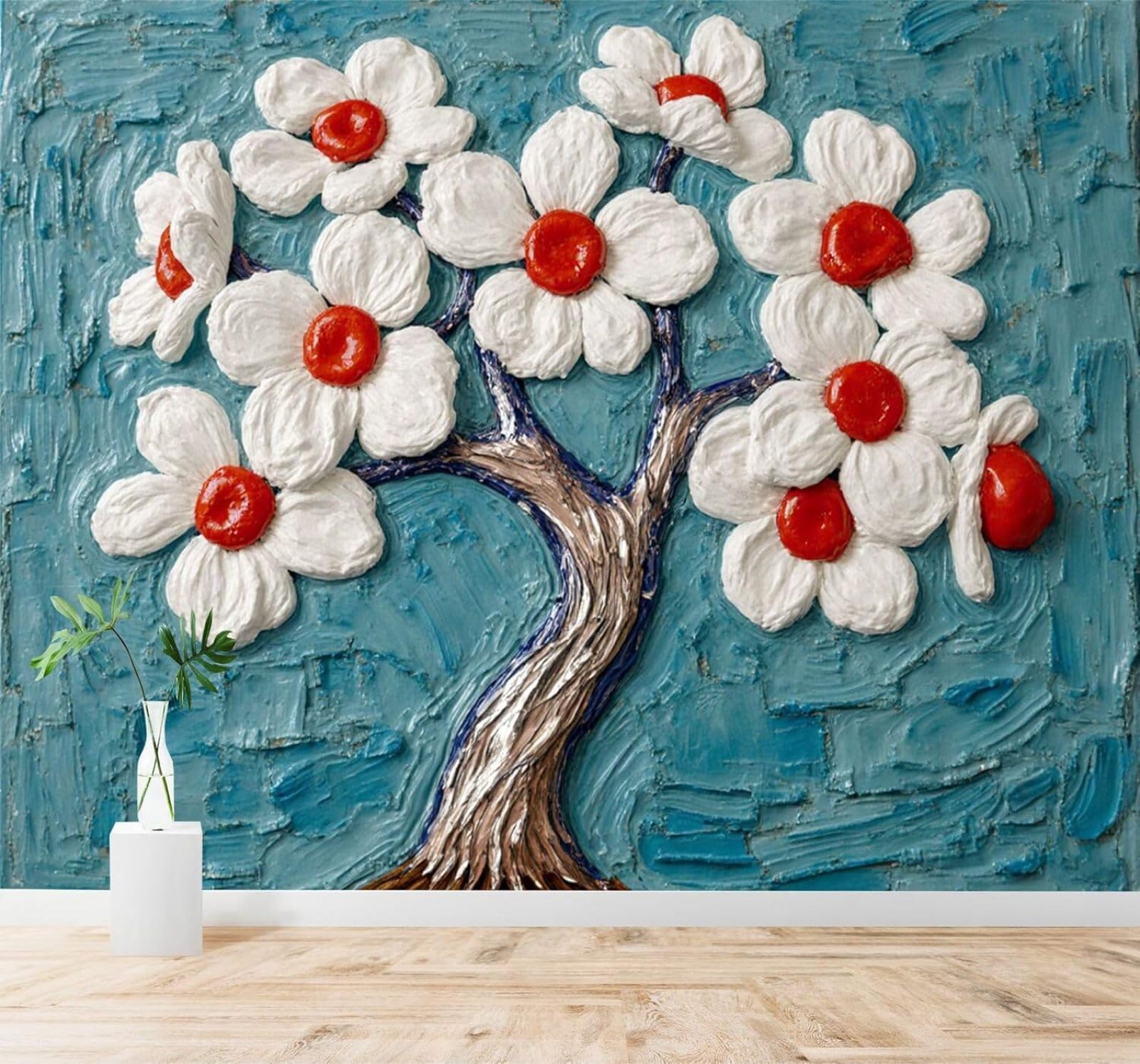 Tzxztt Abstract Blue White Flowers with Red Centres Trees Texture Modern 3D Wallpaper Premium Textured Silk Neutral Tones Material Ideal for Living Room Bedroom-200cm×140cm