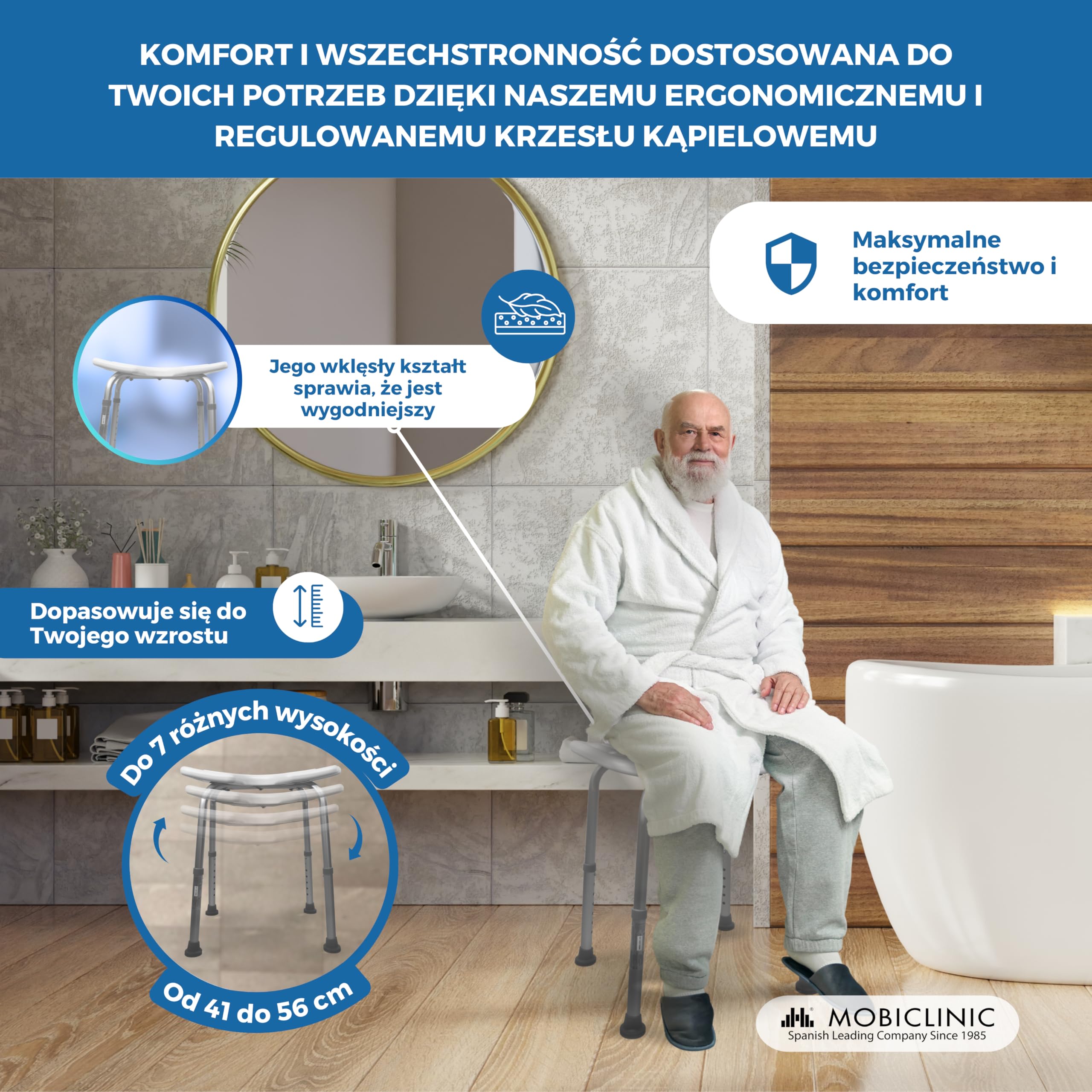 Ławka łazienkowa | Regulowana wysokość | Siedzisko w kształcie litery U | Podkładki antypoślizgowe | Bahía | Mobiclinic