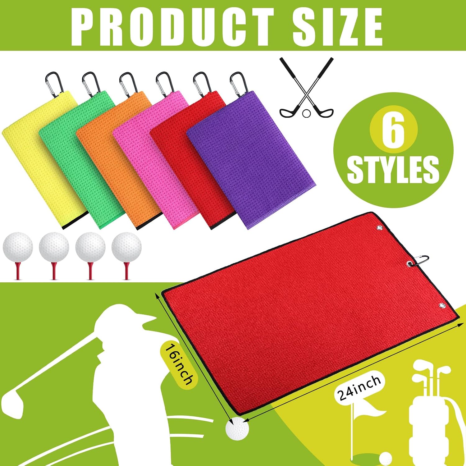 Cindeer 6 Pack Large Golf Towels, 16" x 24" Tri-fold Golf Towels, Microfiber Fabric Waffle Pattern Golfing Towel Portable with Heavy Duty Clip for Golfing Bag Remove Sand Dirt Mud Sweat(Vibrant Color)