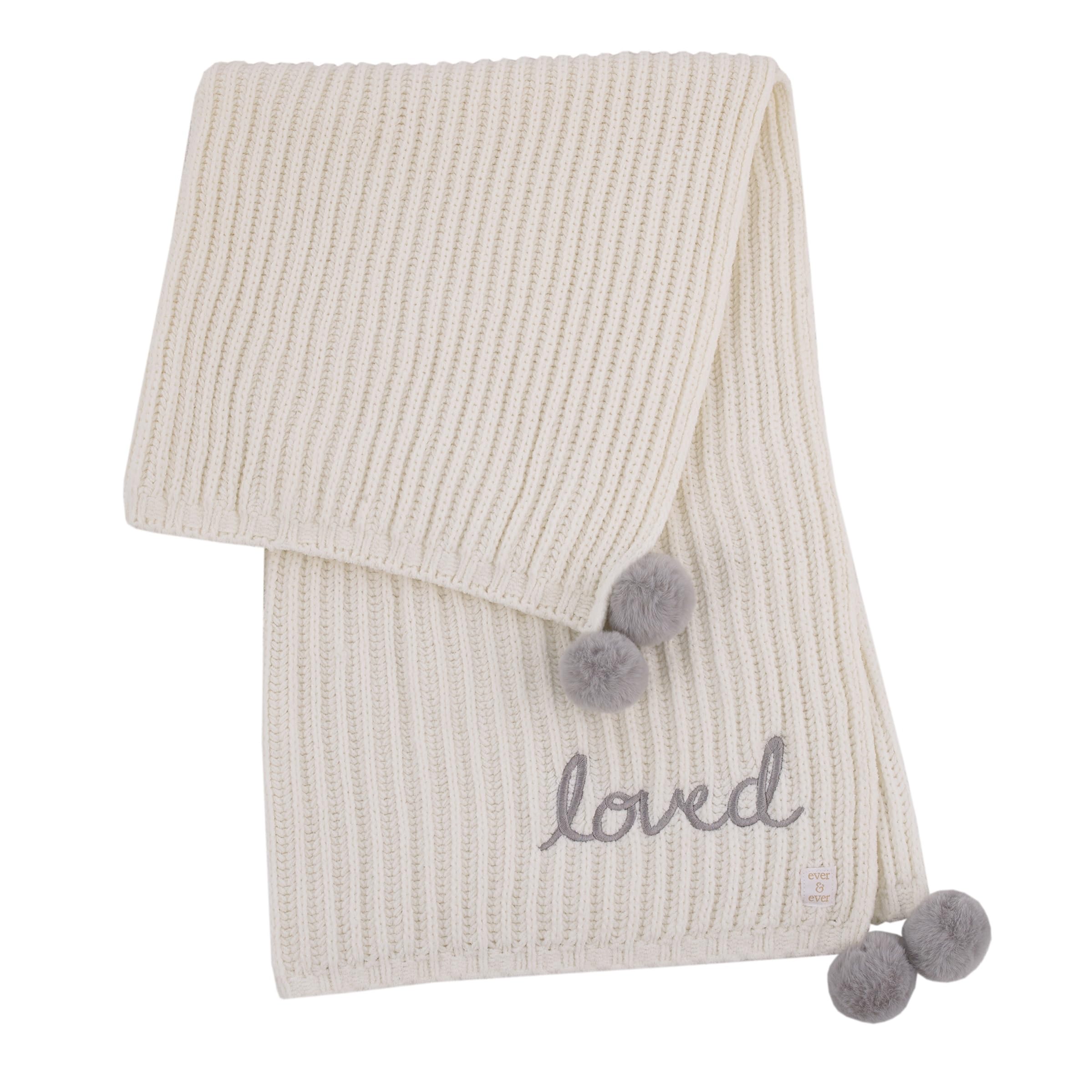 Couverture bébé chenille NoJo Loved plaid ivoire brodé à pompons