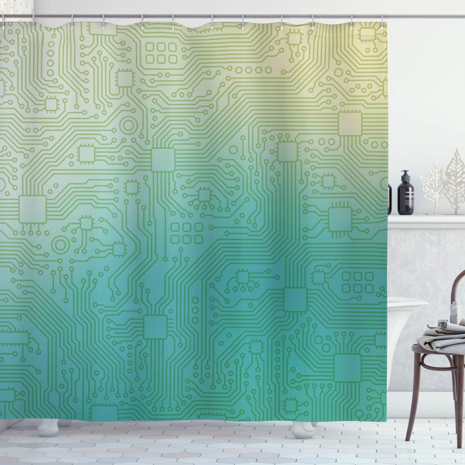 Ambesonne Abstract Shower Curtain, Technology Pattern Motherboard Image Background Vector Graphics Print, Cloth Fabric Bathroom Decor Set with Hooks, 69" W x 84" L, Jade Green Pale Green