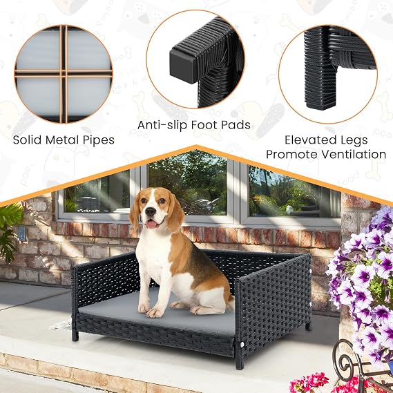 PETSITE Wicker Dog Bed, Rattan Pet Bed with Metal Frame, Soft Waterproof Removable Cushion, Elevated Indoor Outdoor Dog Couch Sofa for Small Medium Sized Dogs, 24.5 x 18 x 10 inch