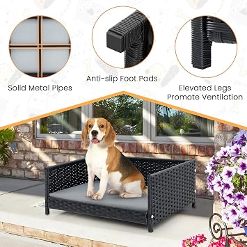 PETSITE Wicker Dog Bed, Rattan Pet Bed with Metal Frame, Soft Waterproof Removable Cushion, Elevated Indoor Outdoor Dog Couch Sofa for Small Medium Sized Dogs, 24.5 x 18 x 10 inch