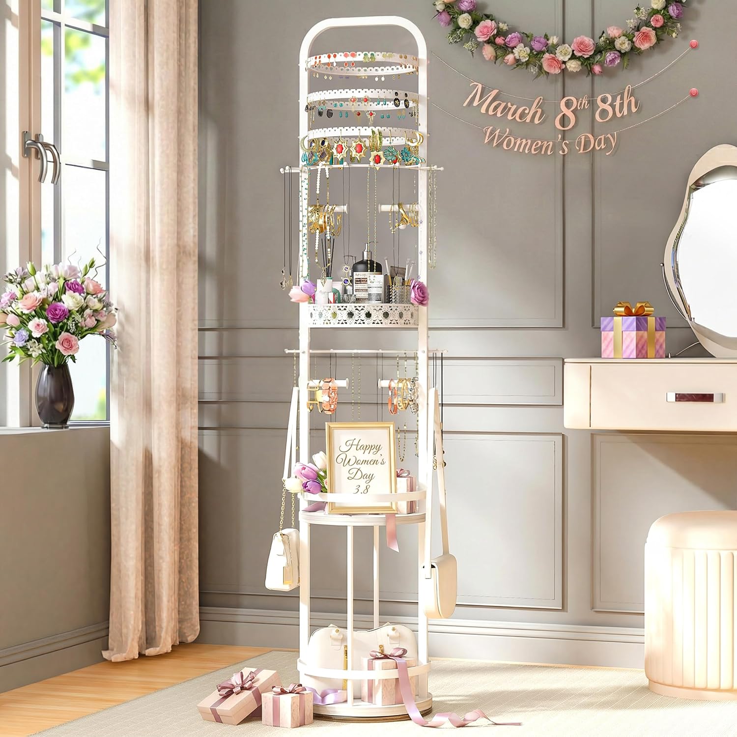 Floor Jewelry Organizer Stand, 360° Rotating Large Handing Jewelry Organizer for Display and Storage, Metal Jewelry Tree Organizer for Necklace, Earring, Bag, Jewelry Holder Organizer for Women