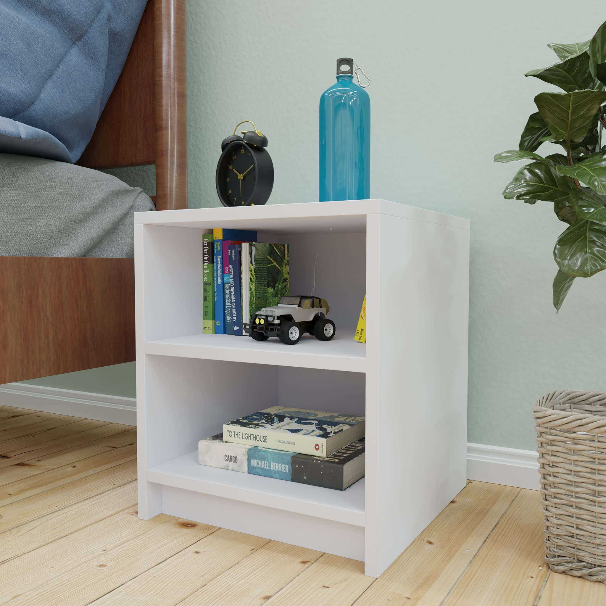 VIKI |Kivra Bedside Table for Bedroom & Living Room, Compact Nightstand with Storage Shelf (W 40x D 40x H 46.7 cms) Frosty White
