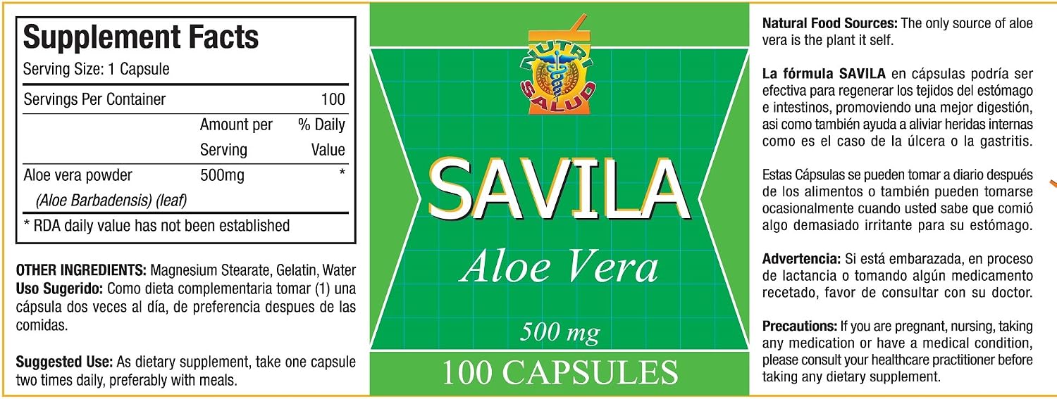 Nutrisalud Products Capsulas de Savila, Aloe Vera Capsules 500mg. Set de 2 frascos 100 capsulas CADA uno.Efectivo Contra ulceras,agruras,mala Digestion,Colitis,estreñimiento.Dura mas de 3 Meses. image 2