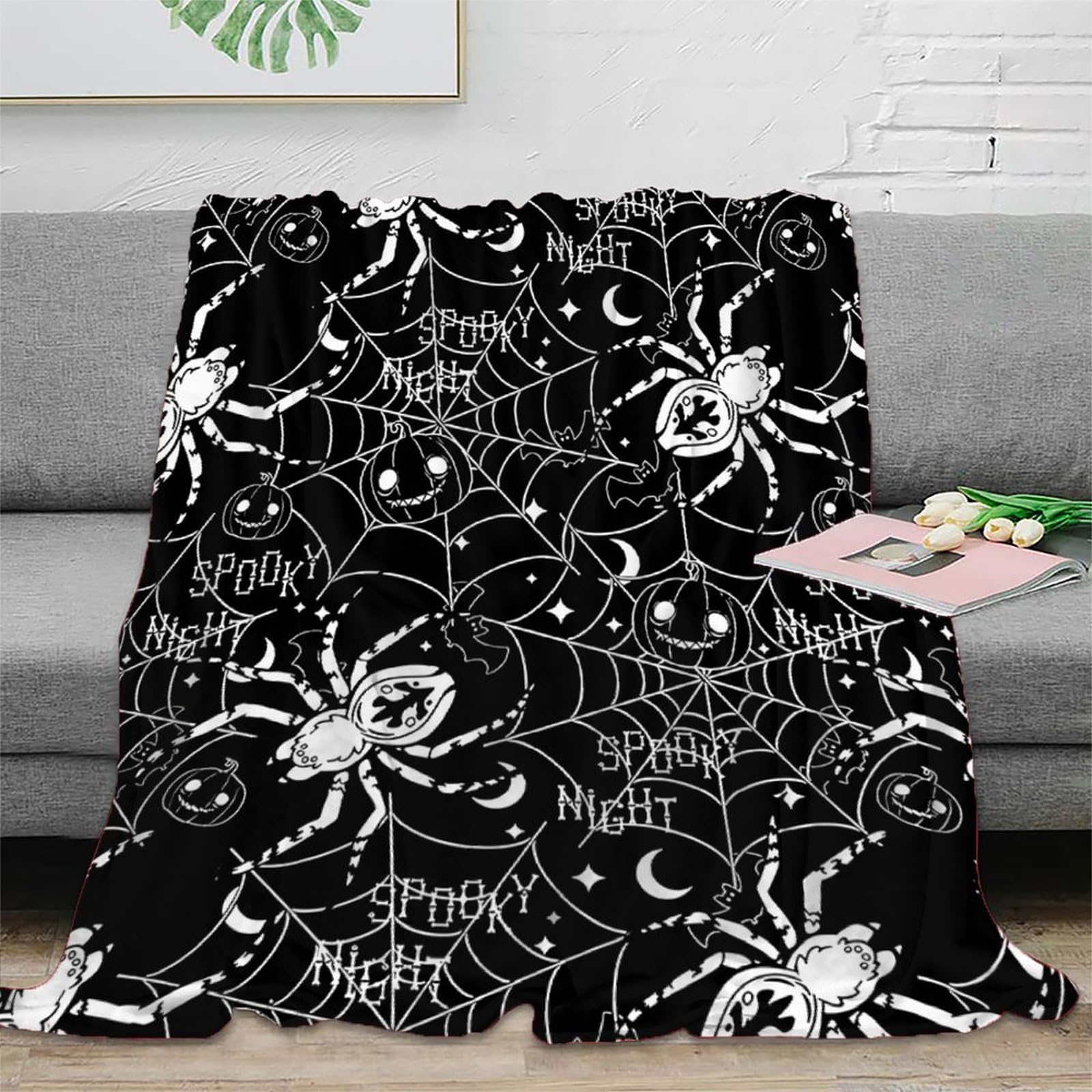 Jeté de canapé microfibre noir blanc couverture polaire 3D toile d'araignée