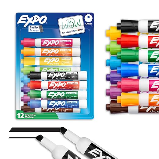 EXPO Low Odor Dry Erase Markers, Chisel Tip Whiteboard Markers, Great Stocking Stuffer and Teacher Gift, Assorted Colors, 12 Count