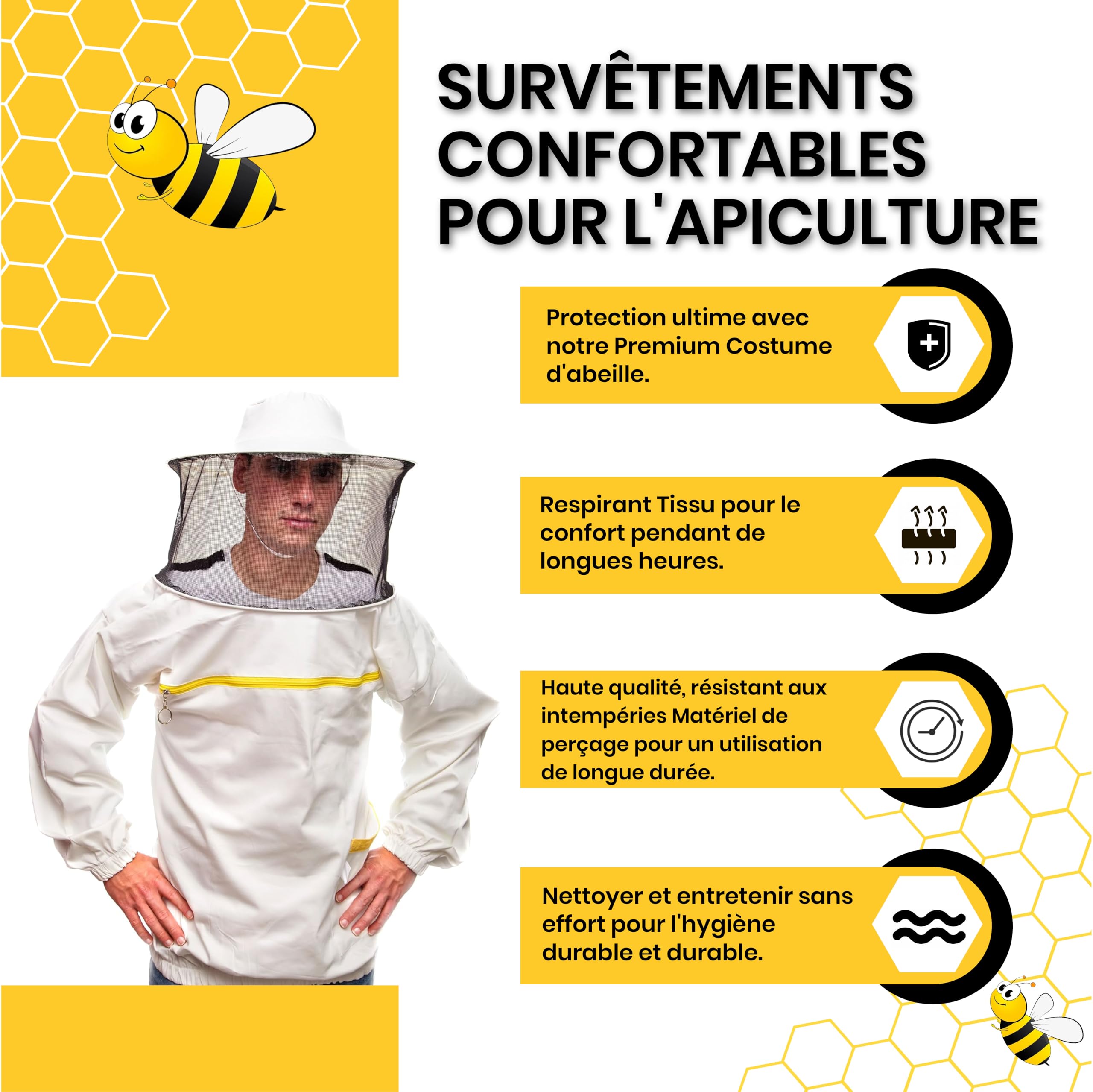 Vêtements apicoles de qualité Bee Art. Tenue avec bonnet rond, manches et élastique. Produit professionnel, matériel apicole, veste d'apiculteur, excellente protection pour les apiculteurs L