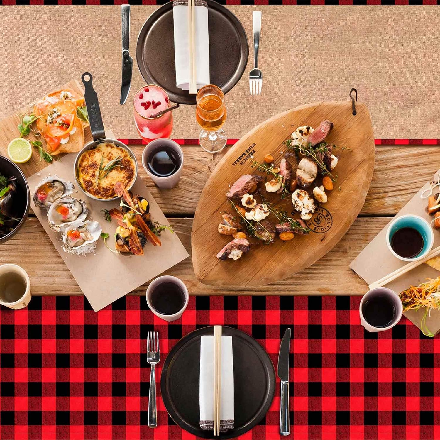 OurWarm Christmas Table Runner Cotton Burlap Buffalo Check Reversible Waterproof Red Black Plaid Table Runner for Christmas Holiday Table Decorations Birthday Party Supplies, 14 x 108 Inch