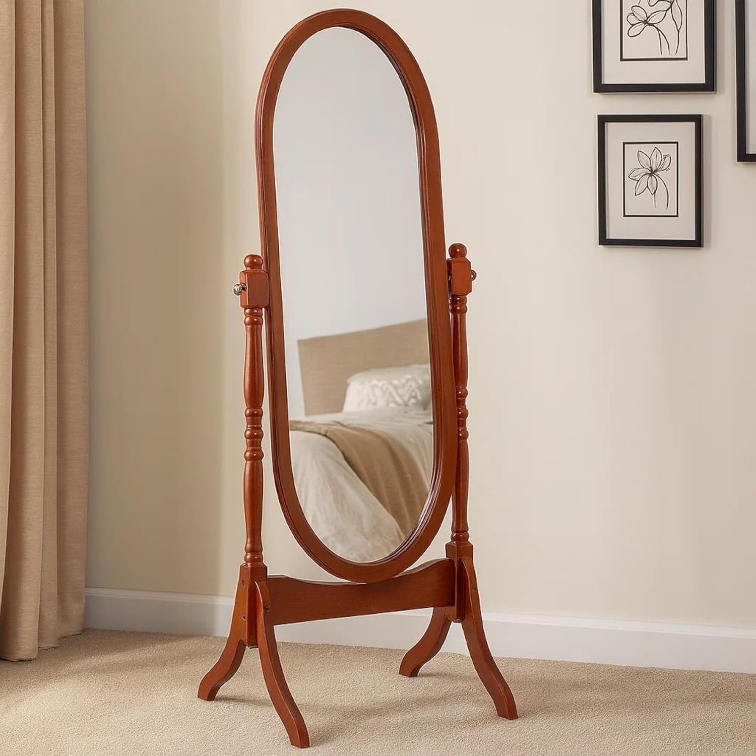 Benjara Standing Cheval Mirror with Oval Frame Turned Posts
