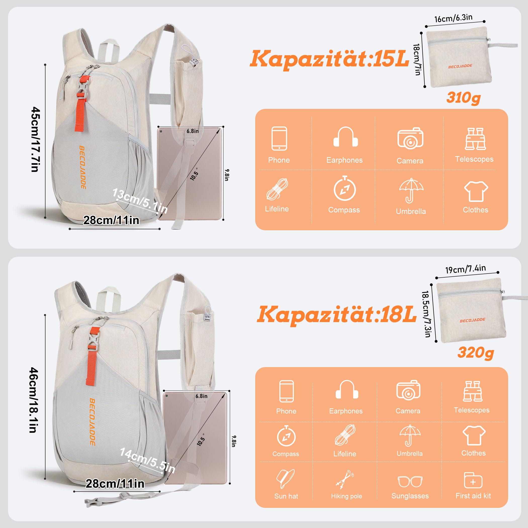 BECOJADDE 15L Wanderrucksack Herren Kleiner Rucksack Damen Leichter Daypack Tagesrucksack Faltbarer Trekkingrucksack für Camping Outdoor Wandern Travel Beige