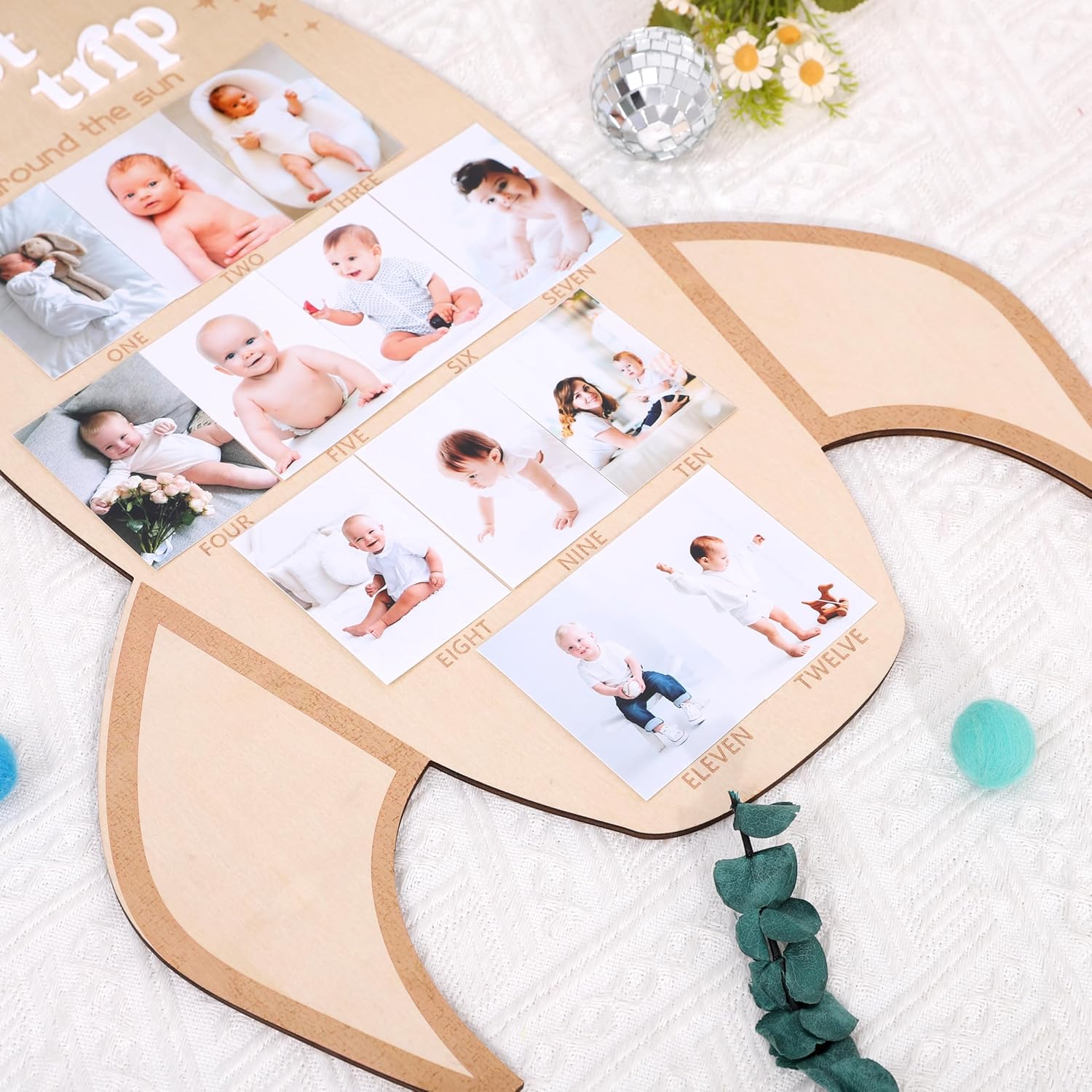 First Trip Around the Sun Monthly Photo Board - My First Year Monthly Photo Display fits 2x3 inch photos, Outer Space Birthday Party Decor, Wooden Rocket First Birthday Photo Board