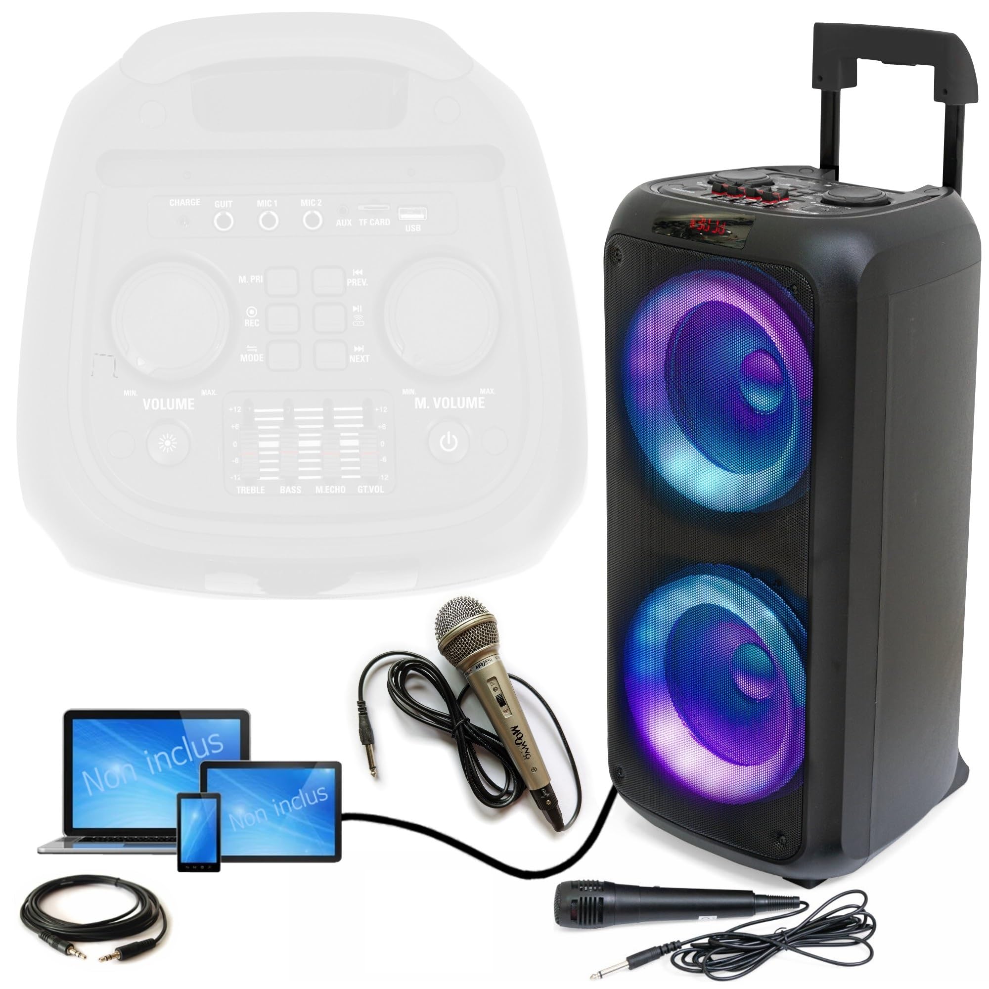 Ibiza - Pack Karaoké Enceinte Bluetooth USB AUX SD TWS sur Batterie 600W - 2 Micros - Enfant Cadeau Boum Anniversaire Noël Fête Musique