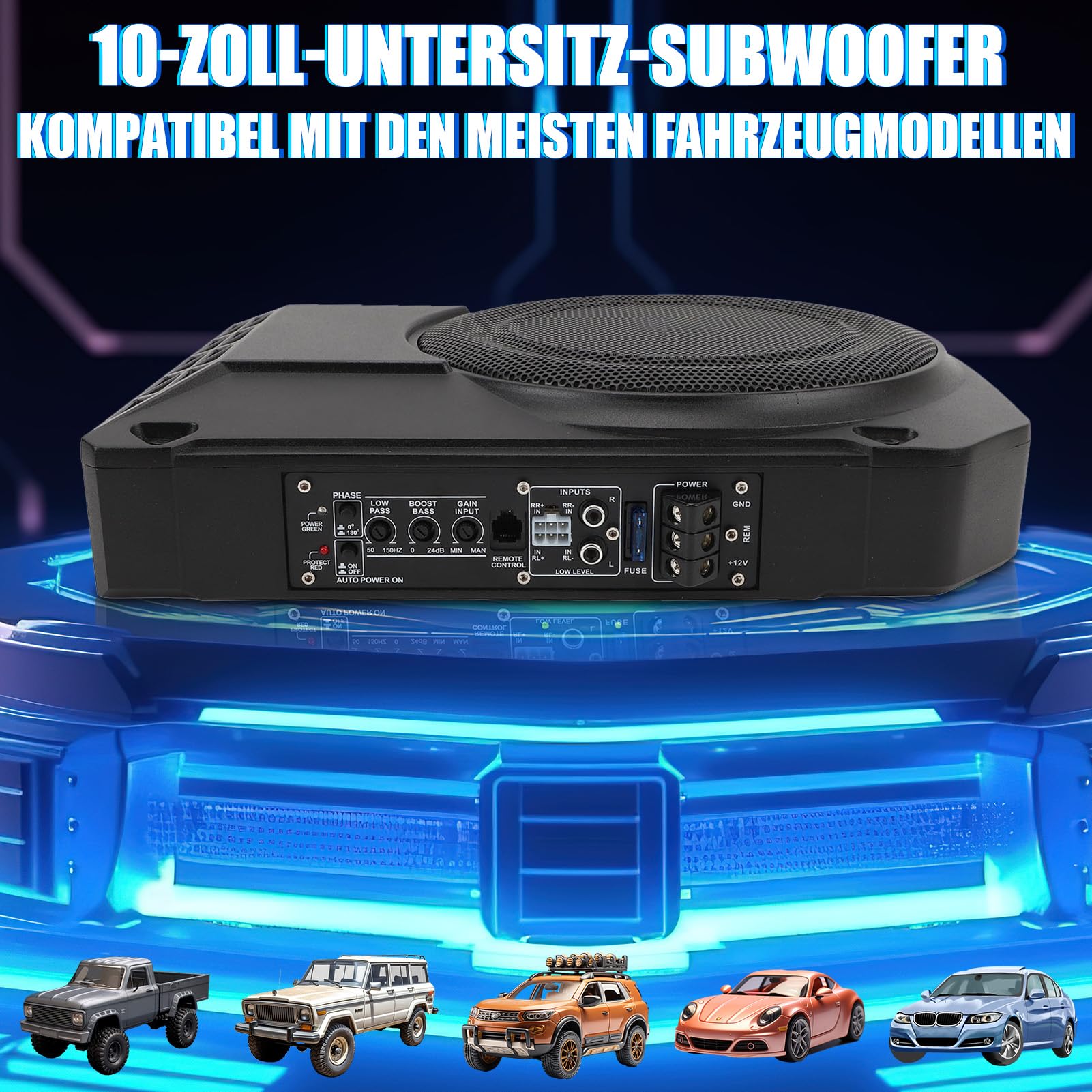 10 Zoll Aktiv Subwoofer Unter Sitz Car Audio Bassbox 800W 2.5 Ohm Ultra Flach Aktiver Auto Subwoofer Mit Verstärker Mit Controller Tiefton Lautsprecher Fahrzeug Sound System Car Truck SUV
