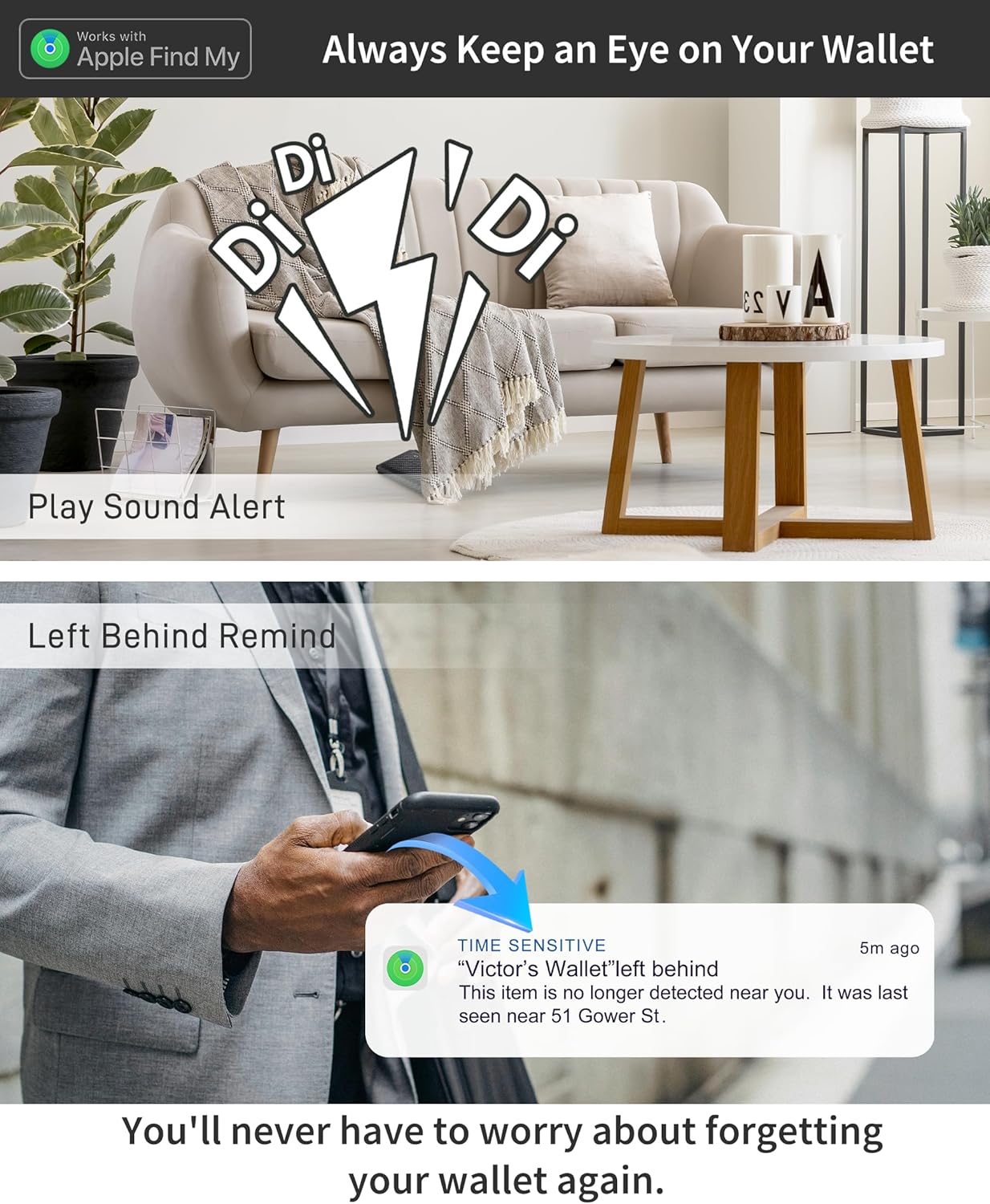 Auskang Mens Wallet with Smart Tracker Works for Find My App, Minimalist Leather RFID Blocking Credit Card Holder, Replacement for AirTag Wallet, with Money Clip, Not for Android, Black