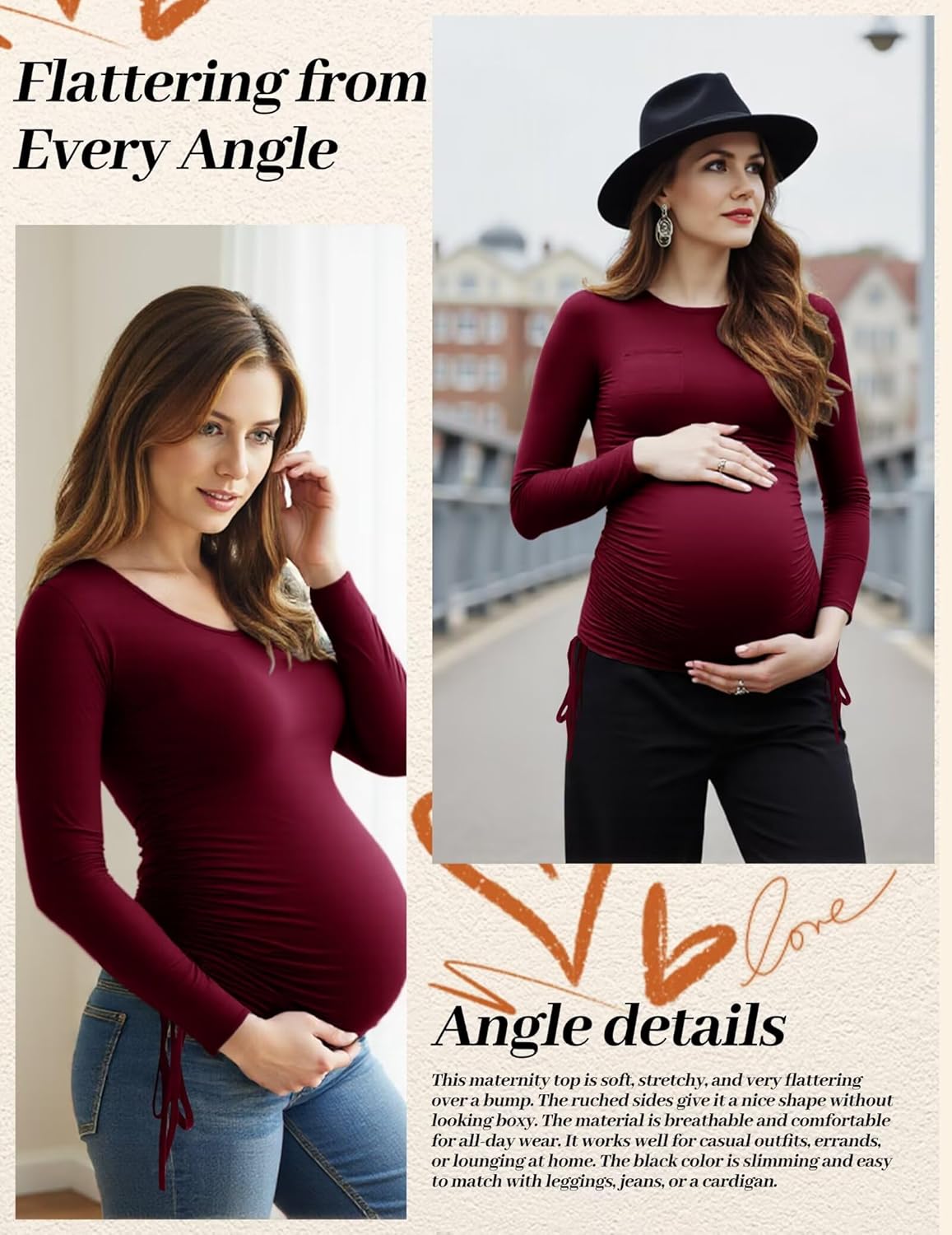 Fotociti Maternity Shirts Long Sleeve, Pregnancy Side Ruched Tops,Women’s Clothes for Mama Work Casual Yoga Wearing - Image 5