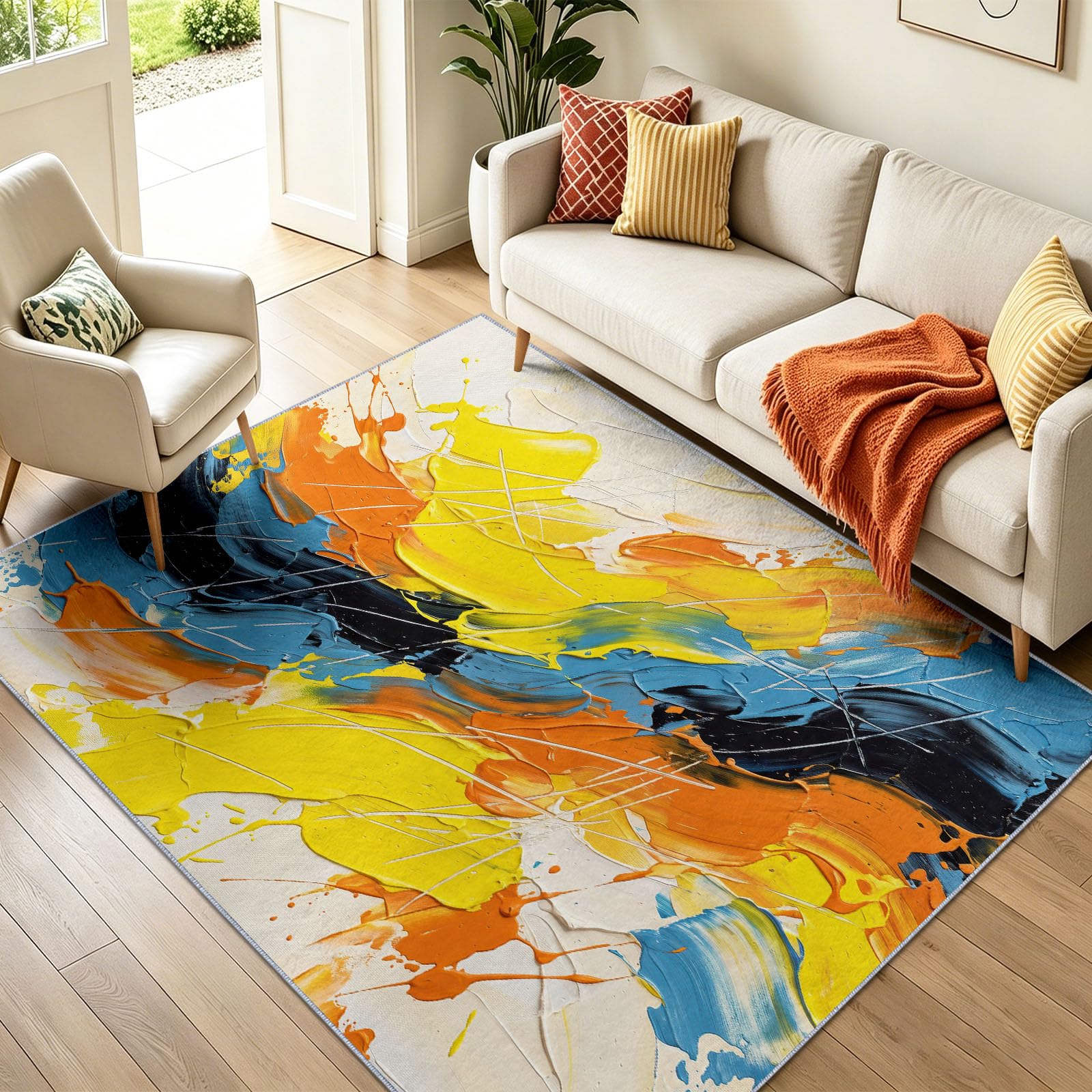 Abstrakt Impasto Ölgemälde Spachtelspuren Schlafzimmer Teppich, 160 x 230 cm Teppich Modern Waschbarer Kurzflor Weich rutschfest Rückseite für Wohnzimmer Esszimmer Badezimmer Küchen Büro, Mehrfarbig