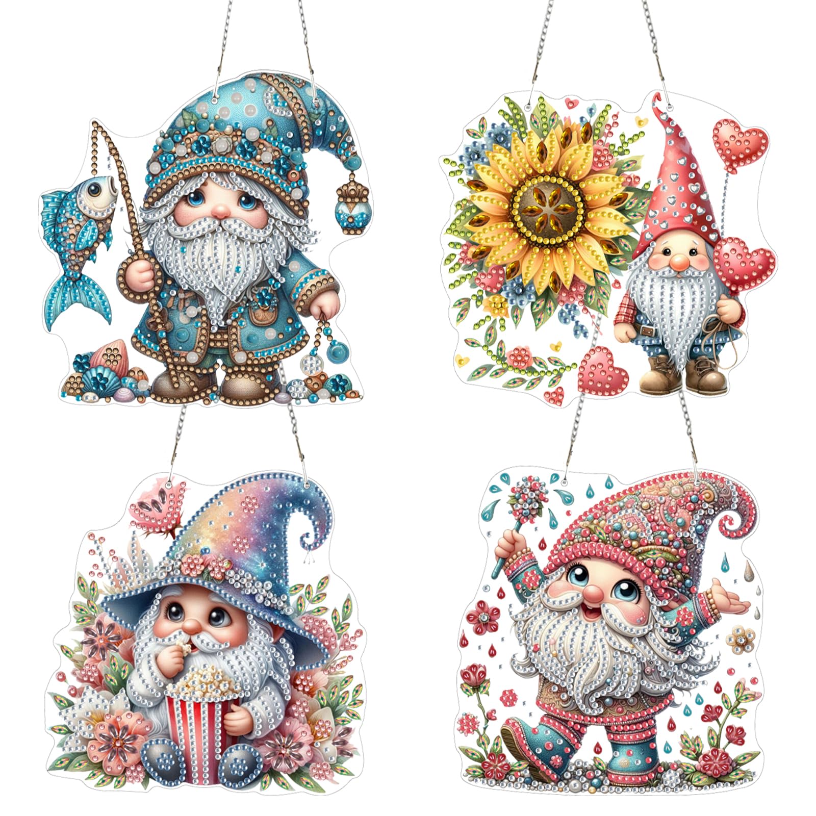4pcs 5D Diamond Art Painting Hanging Pendant Kit, DIY Window Ornament with Special Shaped Crystals, Wall Art for Home Decor - Craft Gift Diamond Art Kits for Adults(Sunflower Fish Goblin)