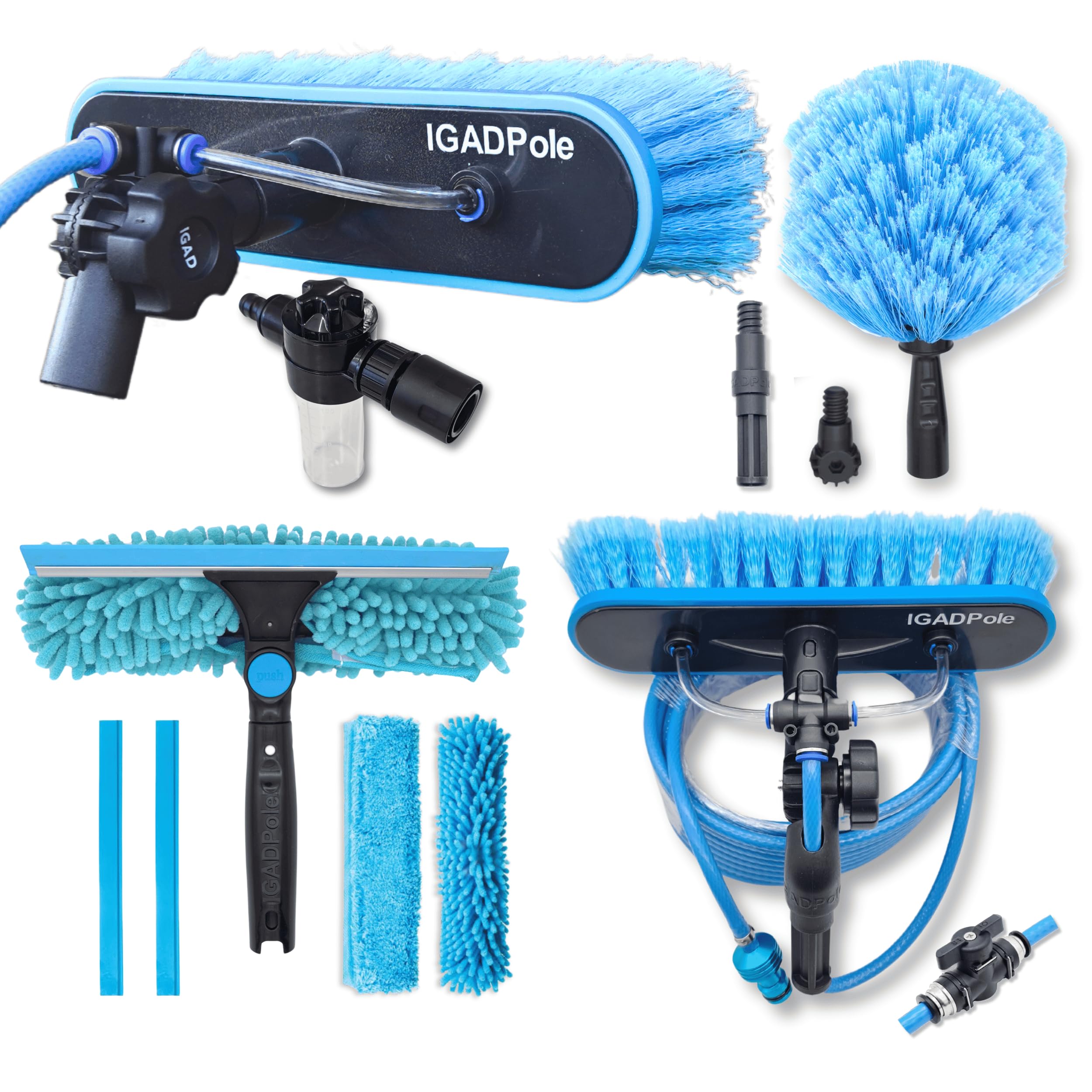 Igad Blue And Black Igadpole Water-Fed Brush Accesories Only Kit (No Pole Included) With Cobweb Duster, 10"(25Cm) Squeegee, Soap Dispenser