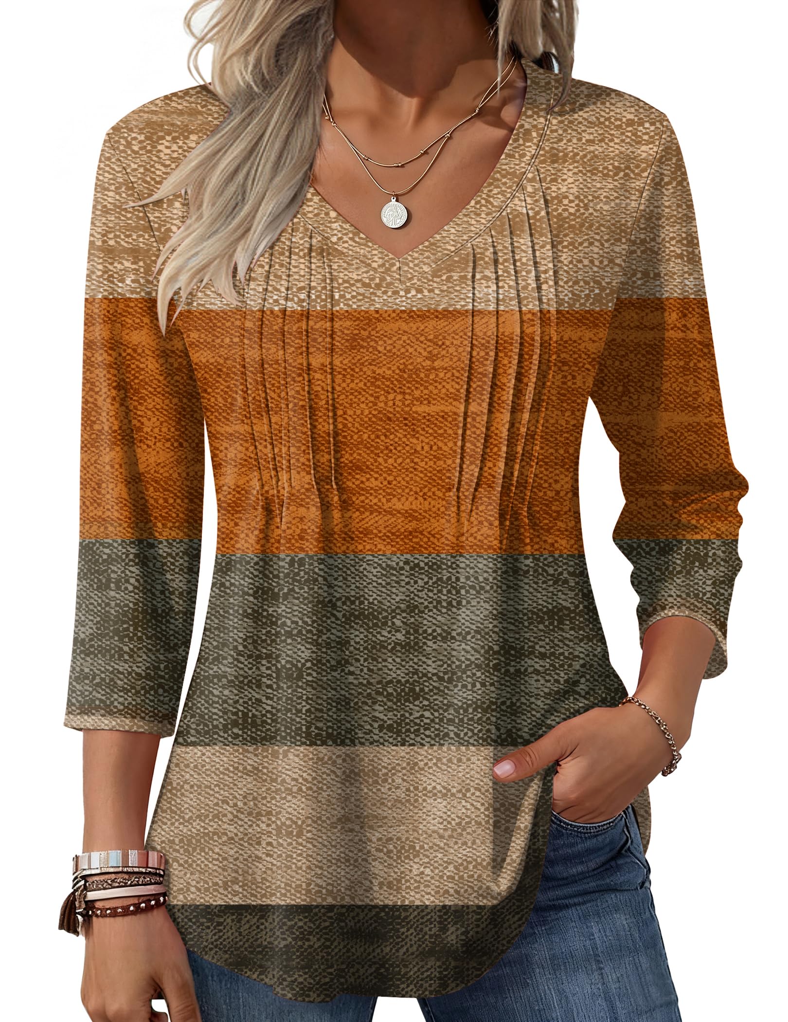 Zeagoo 3/4 Length Sleeve Womens Tops V Neck Pleated Boho Floral Blouses | Work casual shirts, tunic tops for leggings, summer fall clothes