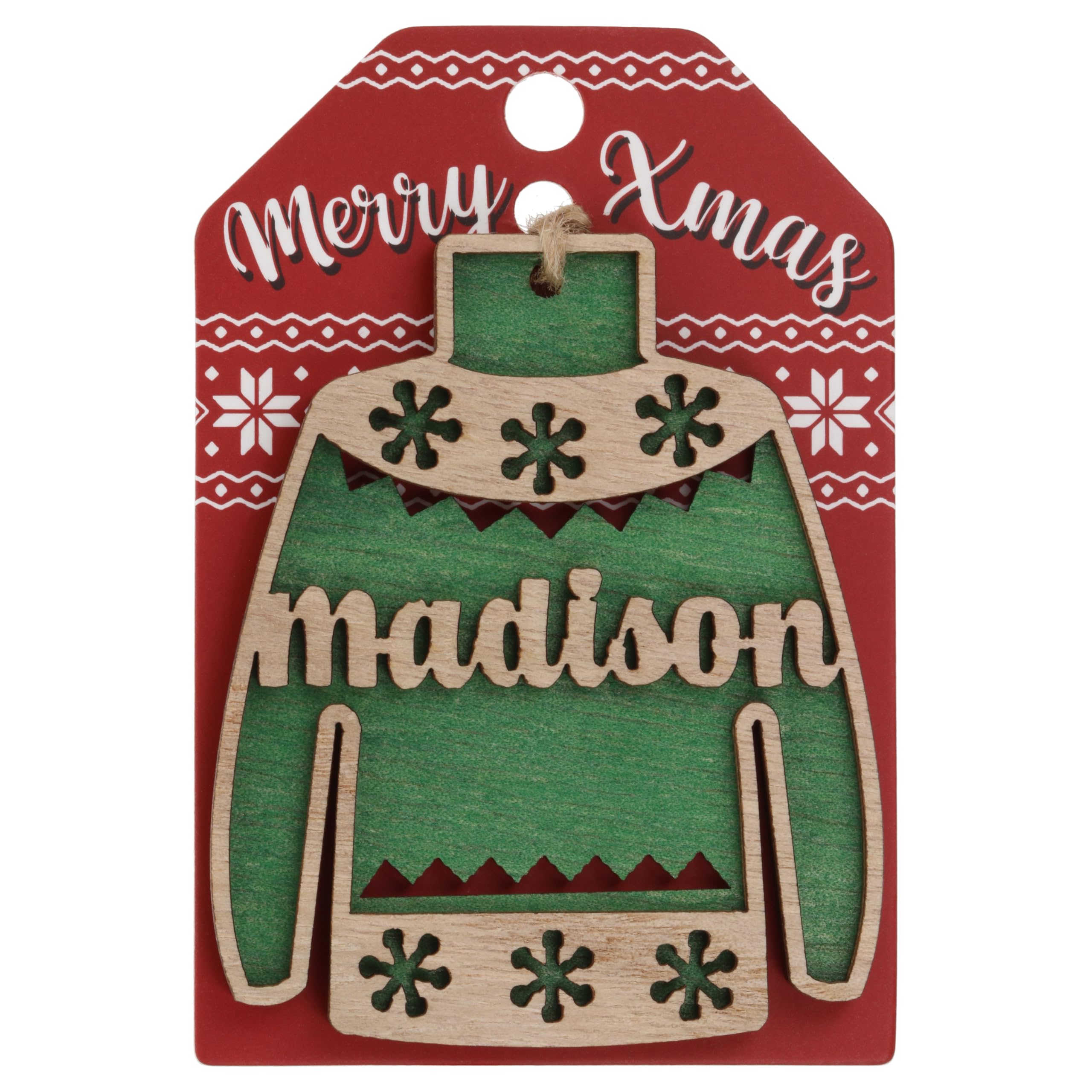 Madison Name Christmas Jumper Wooden Tree Decoration Personalised Bauble Xmas Green