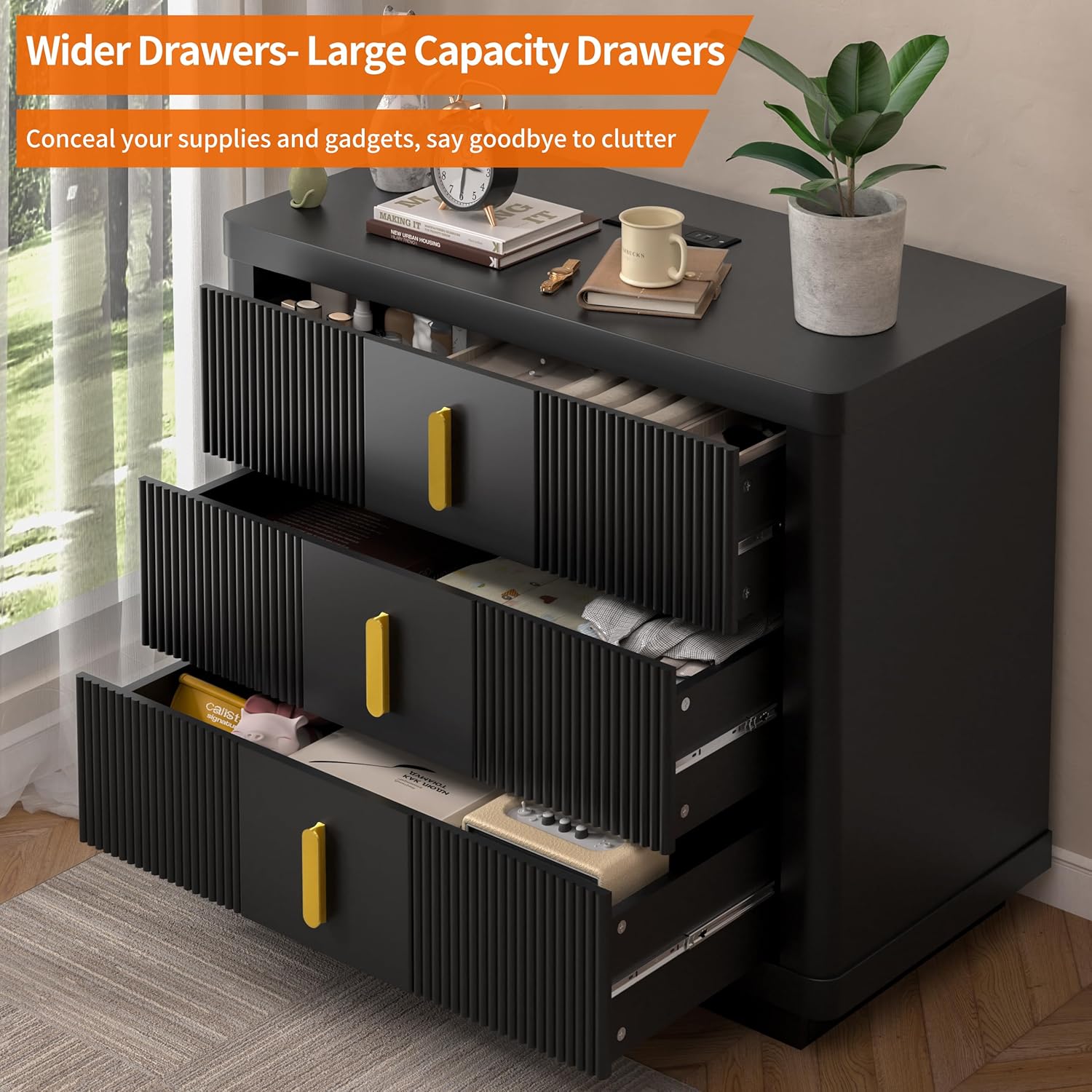 Nightstand with 3 Drawers, Fluted Black Night Stand with Charging Station, Mid Century Modern Large Bed Side, 31.5″ Wide Bedside Stand for Bedroom, Living Room (1, Black)