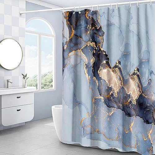 Miniatura 7 de Domoku Cortina de ducha de tela de mármol para decoración de baño, moderna, estándar de lujo, impermeable, lavable, 72 x 78, azul, azul cielo dorado