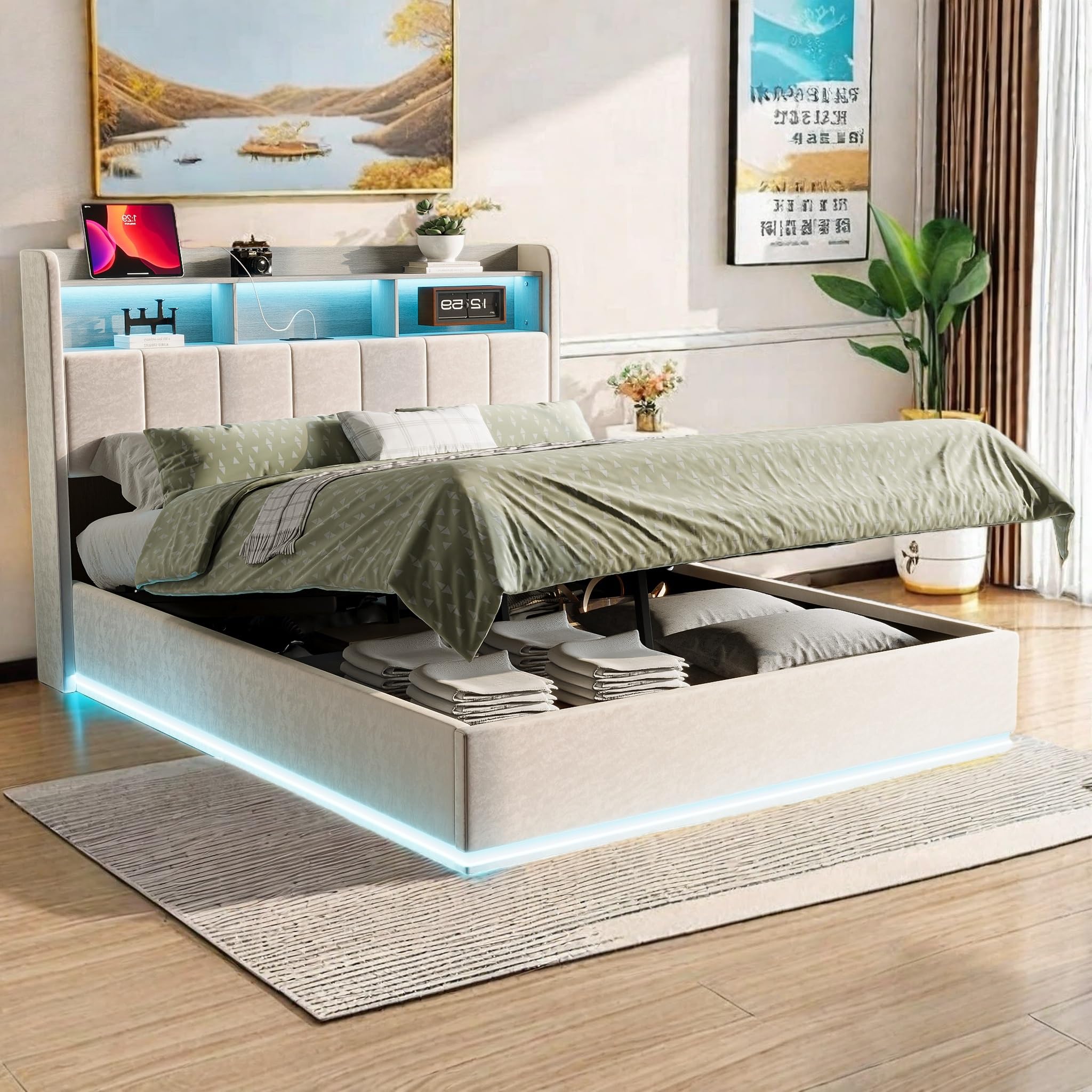 Letto imbottito 140x200, Letto Matrimoniale imbottito con Schienale, Letto Sollevabile con Contenitore e rete a doghe, Moderno e Semplice, Tessuto in pile, Senza Materasso, Bianco