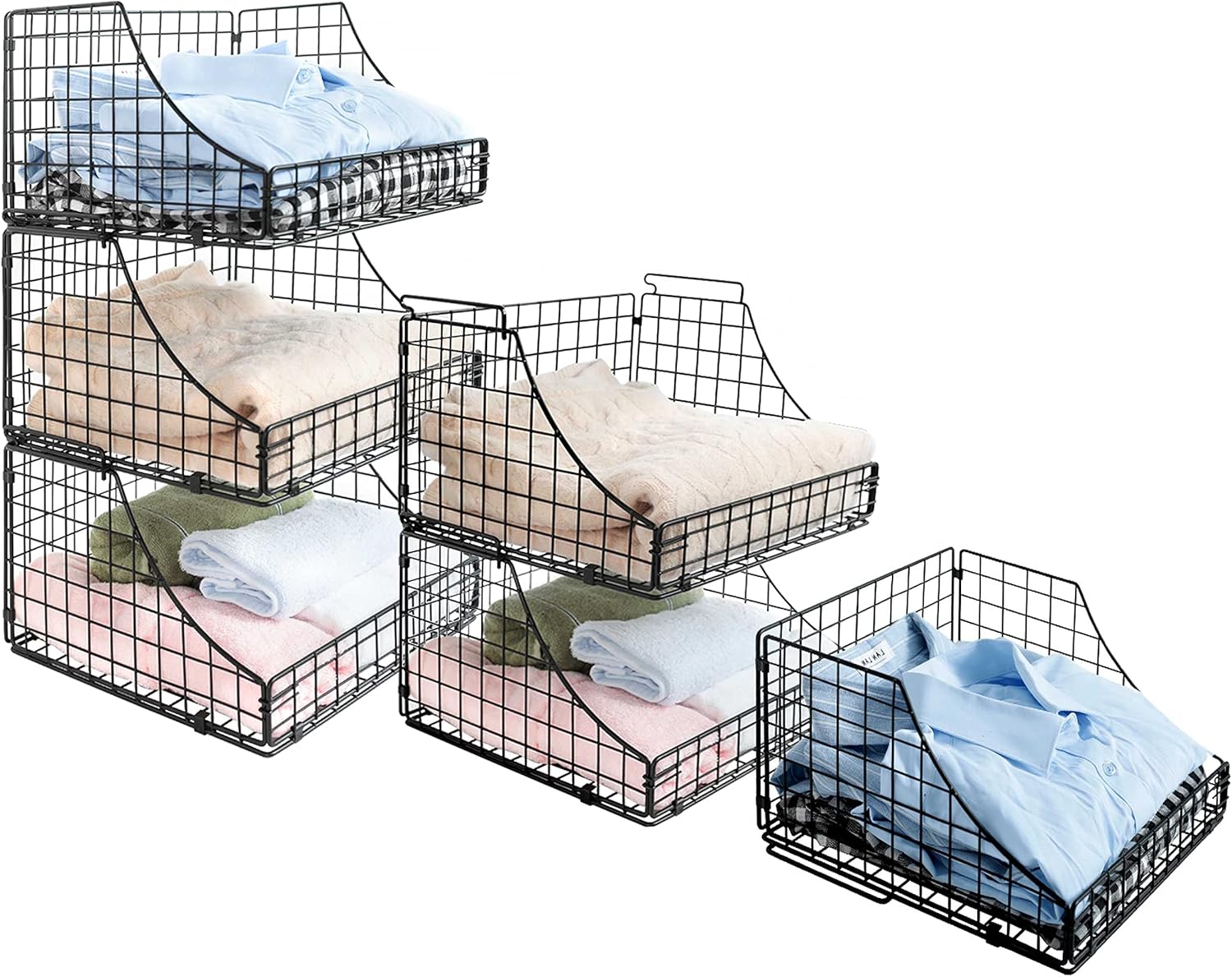 Storage Bins Closet Organizers and Storage 3 Pack, Rustic Stackable Metal Wire Basket for Clothes Toys Snacks, Open Pantry Baskets for Countertop Cabinet Living Room Black, 11.5x11.5x21inch