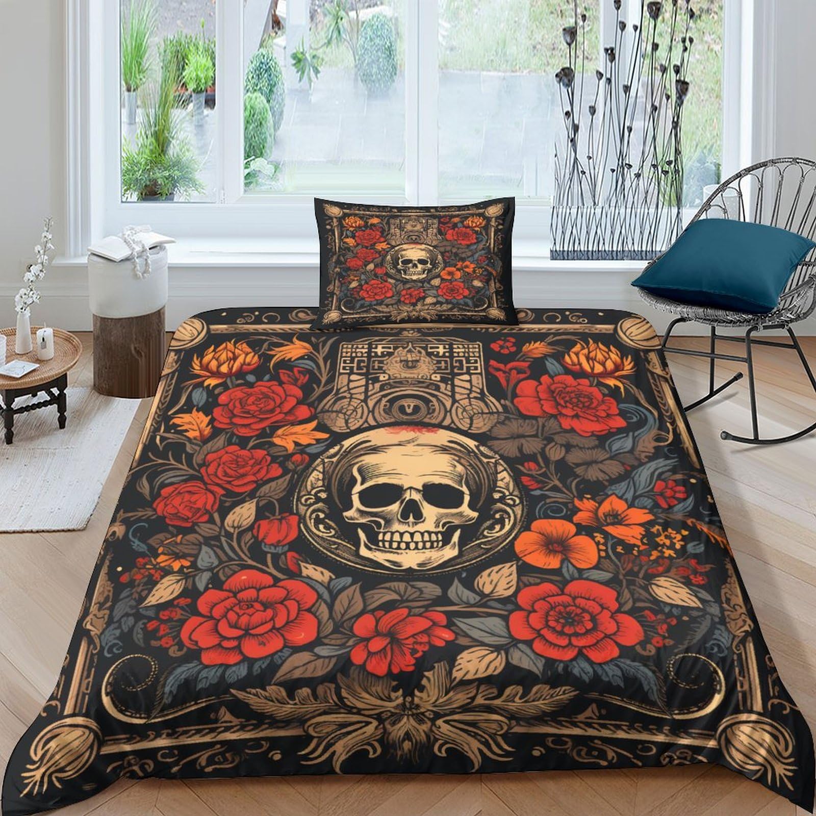 Housse de couette crâne rose 3D avec fermeture éclair facile pour lit 1 personne