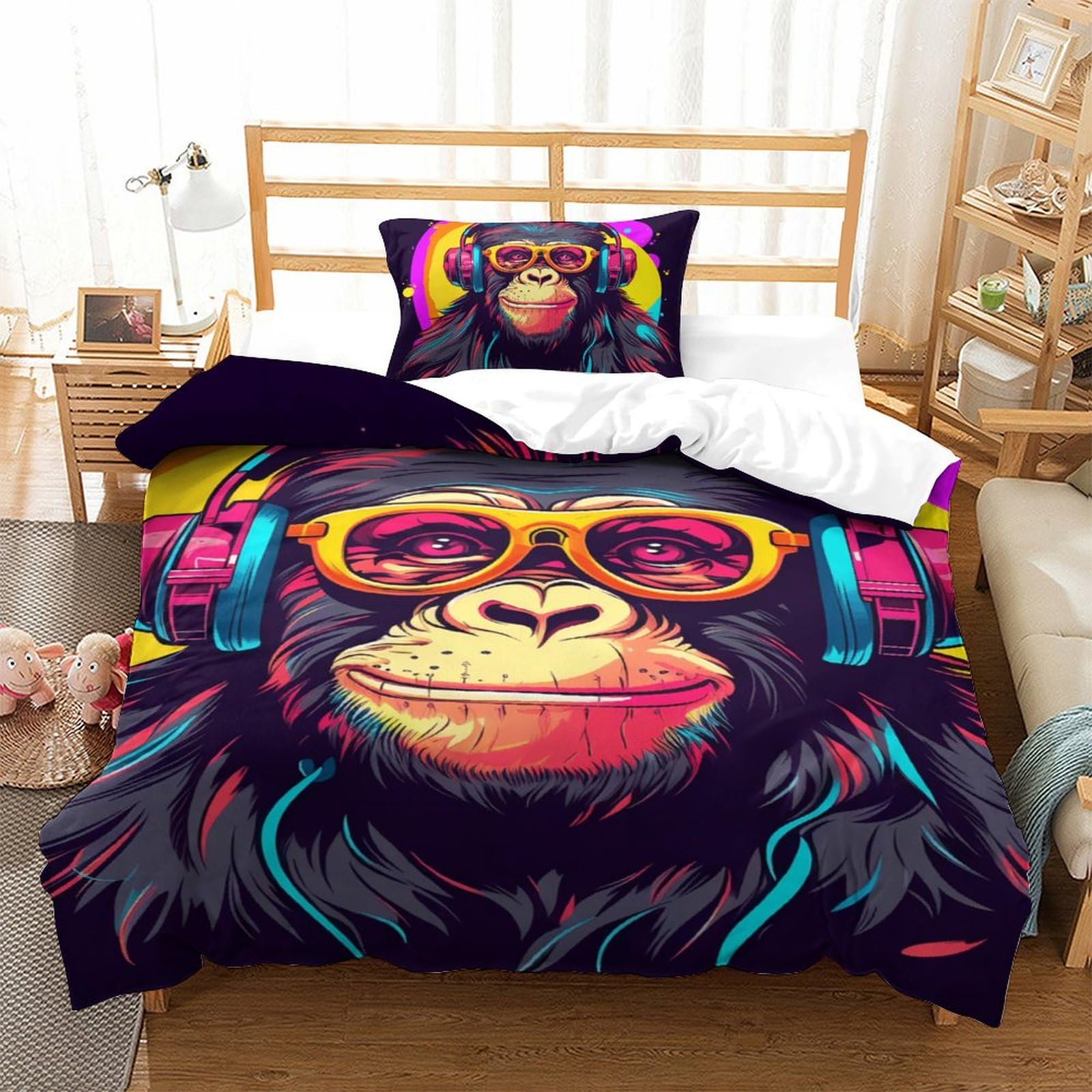 Housse de couette gorille 3D 135x200cm avec taie d'oreiller pour lit simple