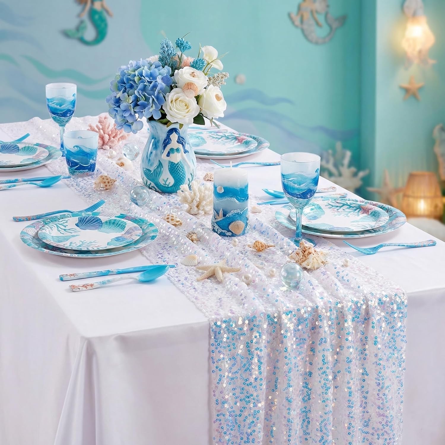 Sequin Table Runner Iridescent White Fabric Parties Desk Runner 4 Packs 25x120inch Sparkle Table Runners for Mermaid Birthday Party Wedding Decor