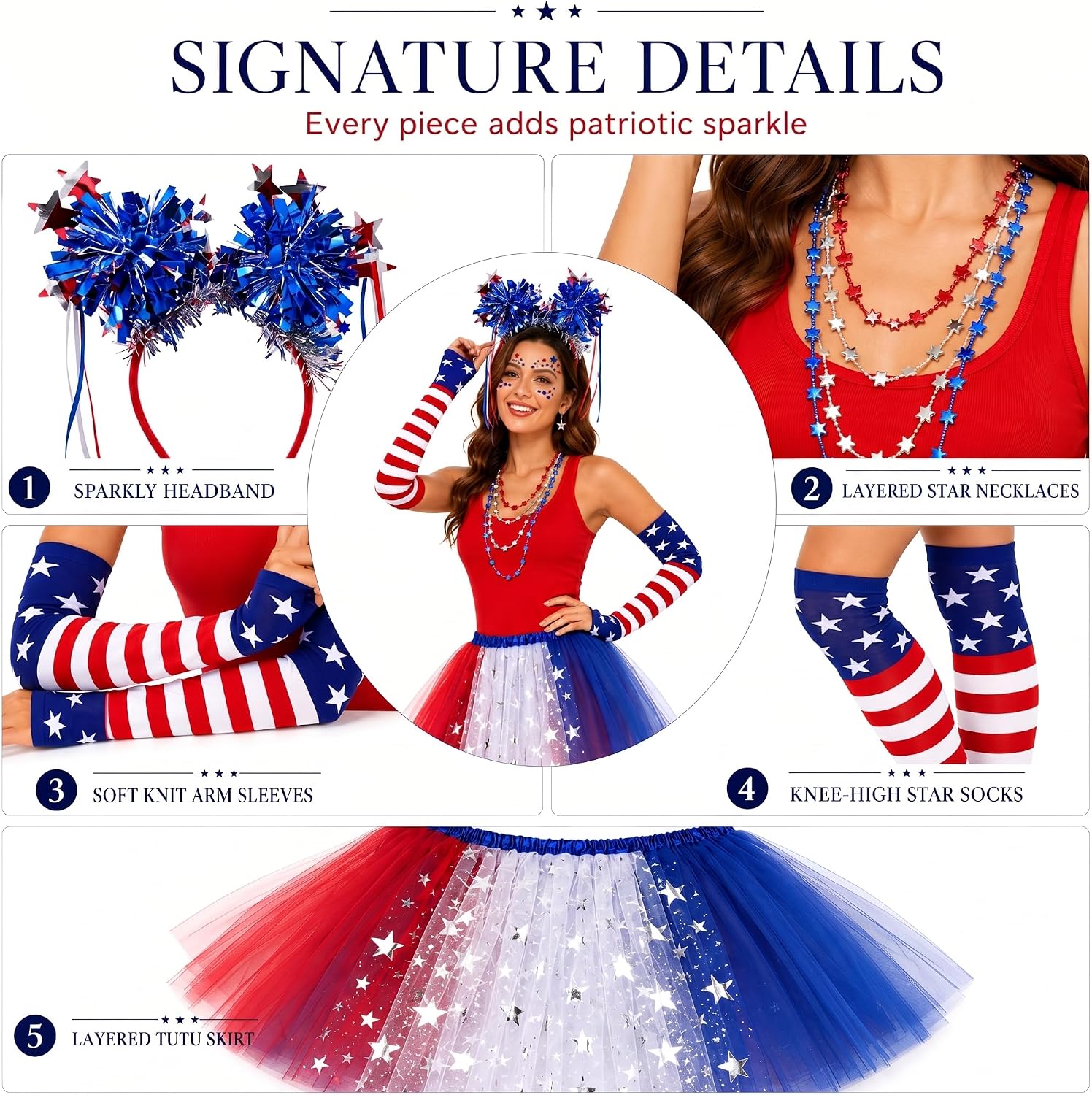 8 Pcs Patriotic Costume Accessories, Patriotic Headband Star Necklaces Face Tatoo Gloves Tights and Tutu for 250th Party Supplies 4th of July Independence Day Cosplay