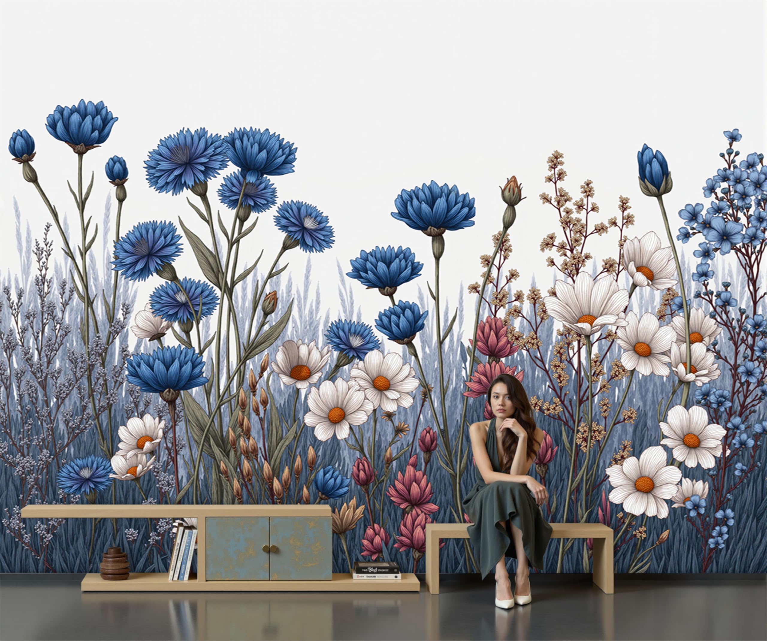 Papier Peint Panoramique en Soie Motif Fleurs Rurales 3D Décoration Murale Luxe