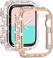 Vista 21 de NewWays Paquete de 2 carcasas con diamantes brillantes para Apple Watch de 1.772 pulgadas para mujer, parachoques protector con diamantes totalmente