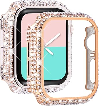 NewWays 2-Pack Full Diamonds Bling Cases for Apple Watch Case 44mm Women, Fully Paved Diamonds Protective Bumper for iWatch SE Series 6 5 4 44mm, Rose Gold/Clear