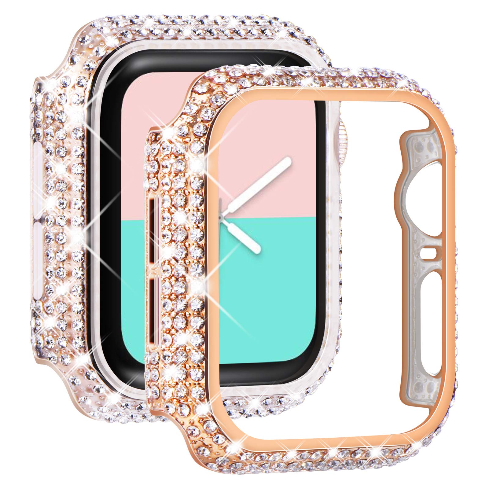 NewWays 2-Pack Bling Cases Compatible for Apple Watch Case 42mm, Fully Paved Diamonds Protective Bumper for iWatch Series 3 2 1 (42mm, Rose Gold+Clear)