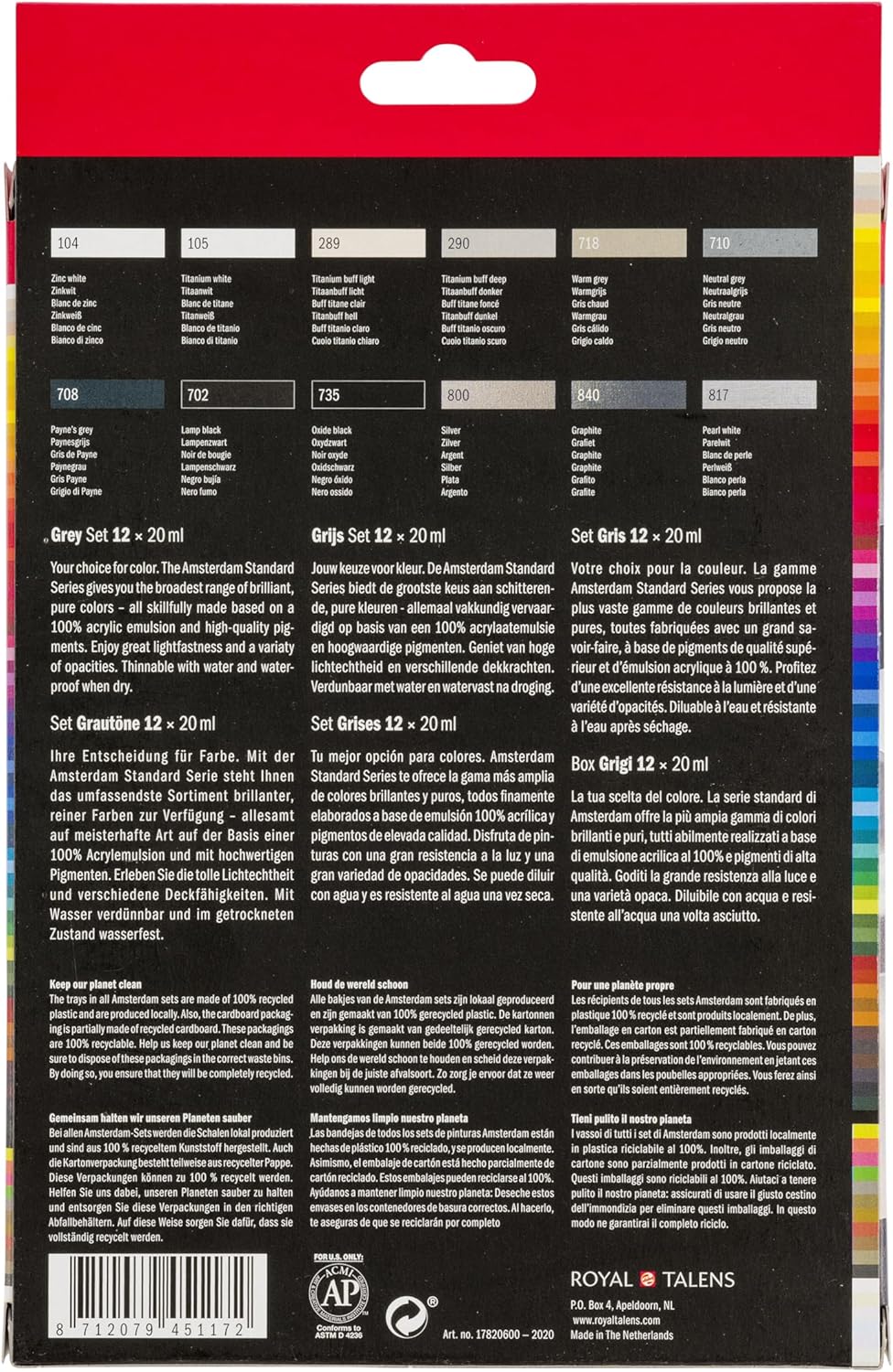 Amsterdam Standard Series Acrylic Paint Grey Tone Set | White, Grey & Black Shades (12 x 20ml) | Monochrome Black and White Set