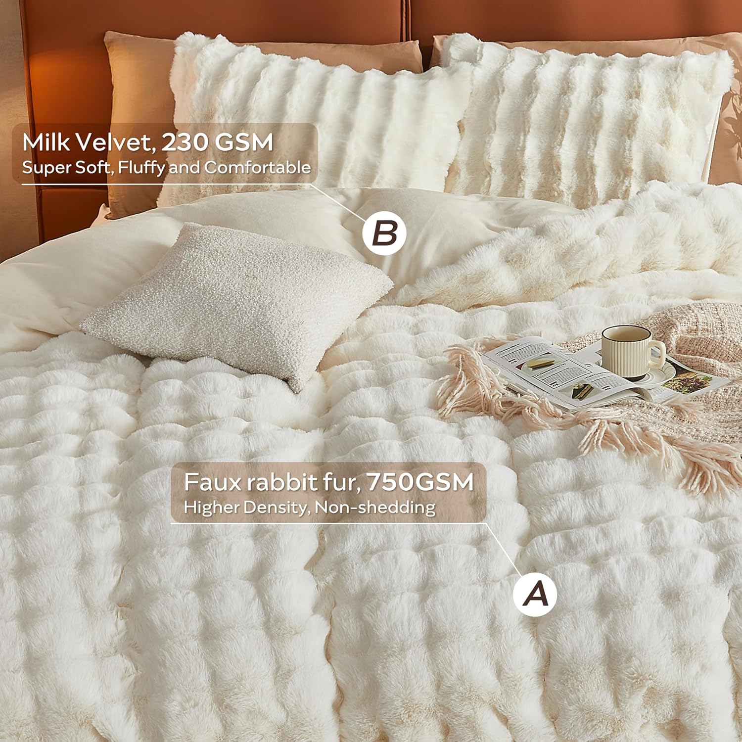 JELLYMONI Plush Duvet Cover Set - Queen Size Beige Faux Fur Comforter Cover 3pcs Bedding Set Luxury Ultra Soft Striped Fluffy Duvet Cover with Zipper and 2 Pillowcases (NO Comforter) - Image 4