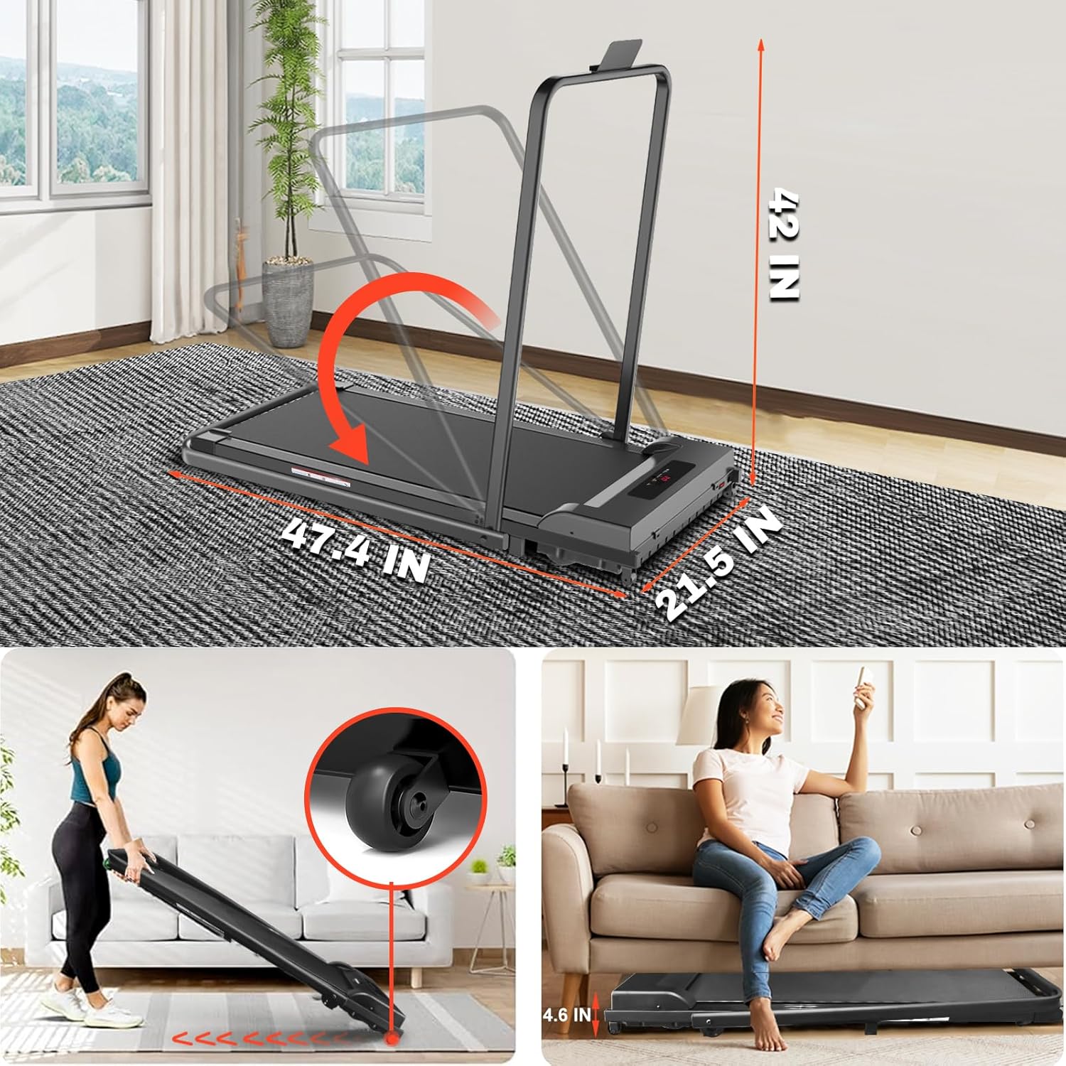 Walking Pad, 2.5HP Walking Pad Treadmill with Handle Bar, 3 in 1 Portable Under Desk Treadmills for Home,Foldable Treadmill for Small Space,Compact Home Treadmills with Remote Control,300LBS Capacity