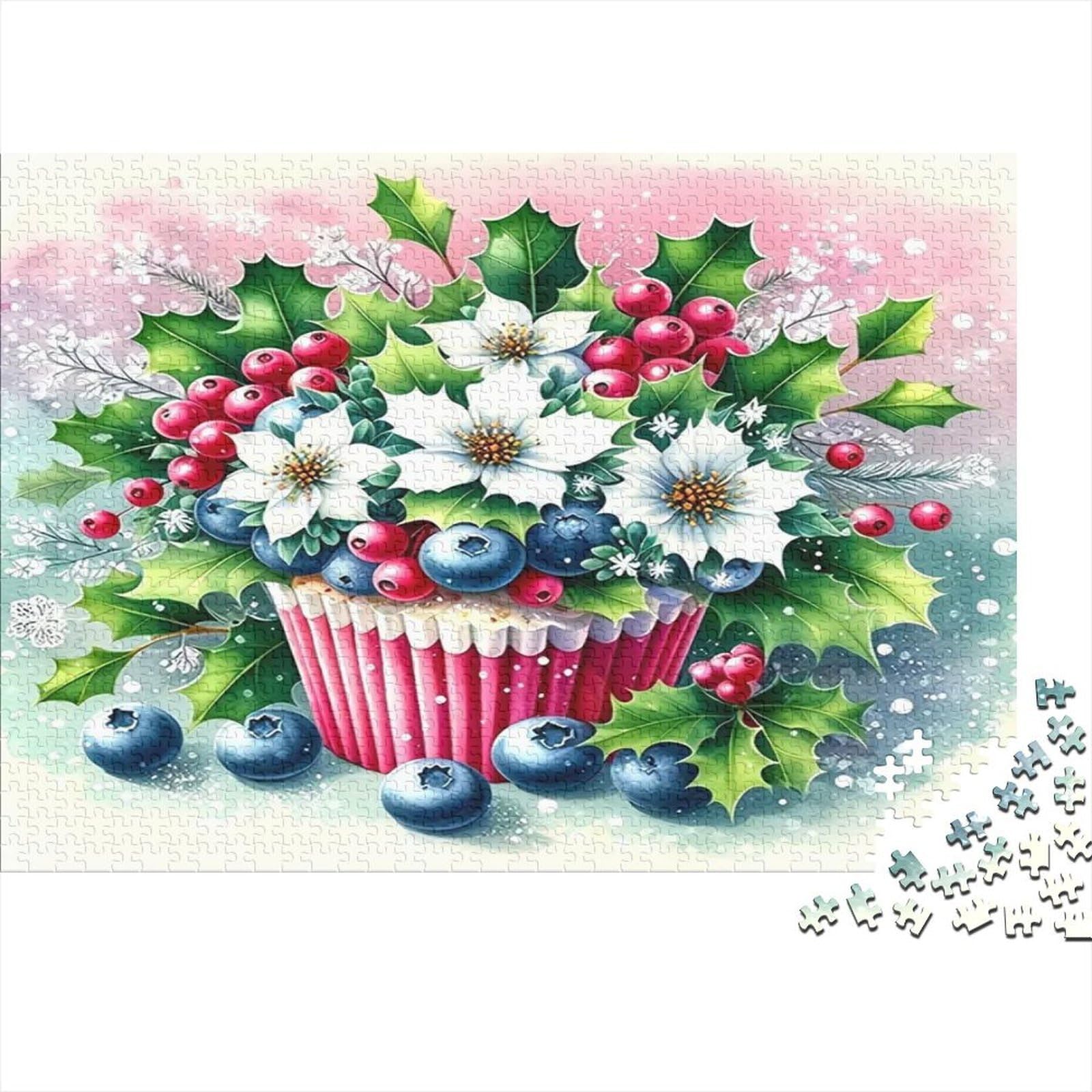 Cupcake Flower Basket 1000 Piece Jigsaw Puzzle for Adults Blueberry Berry Arrangement Paper Puzzle Game for Family Relaxation Focus Home Decor 70x50cm/1000pcs