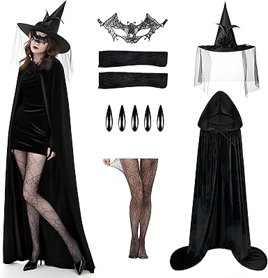 TSHAOUN Halloween Nero Con Cappuccio Capo Strega Cosplay Accessori Per Adulti/Bambini Costume Mantello Per Adulti,Mantello Nero Per Travestimento, Halloween, Feste In Famiglia (Nero,140cm