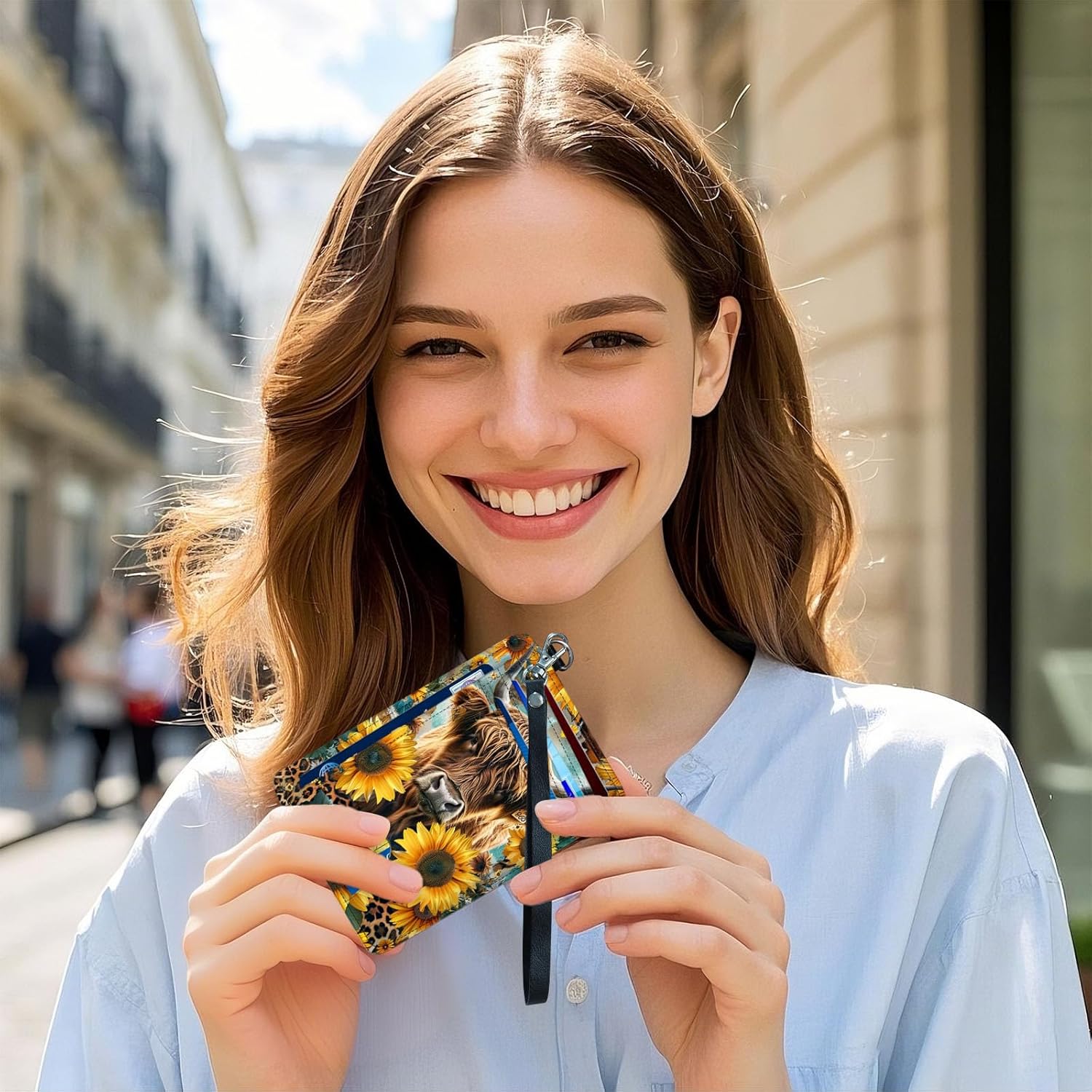 Slim Front Pocket Wallet for Women, RFID Blocking Credit Card Holder Wallet with Detachable Wrist strap, Thin Card Case ID Window Small Card Holder for Unisex, Sunflower Highland Cow - Image 7