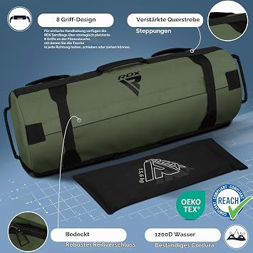 RDX Weight Bag for Fitness Strength Training Unfilled Power Bag with 8 Handles Core Sandbag Weighted 2-90 kg Sandbag Ideal for Many Functional Training Running Backing Strongman Lifting Workout
