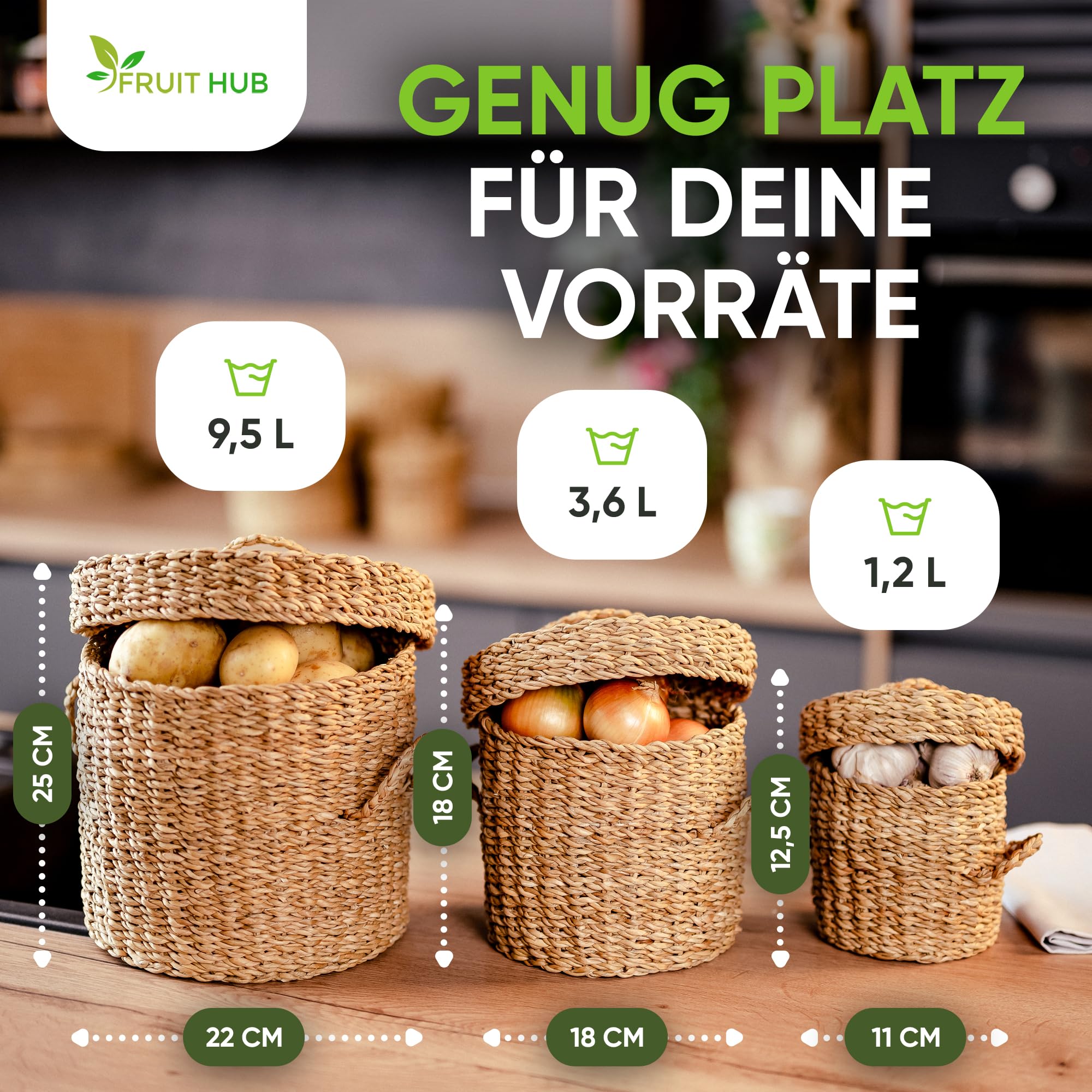 Kartoffel Aufbewahrung 3er Set aus Seegras - Zwiebel & Knoblauch Aufbewahrung - Nachhaltiger Gemüsekorb für Küche & Vorratsraum - Handgefertigt & Plastikfrei