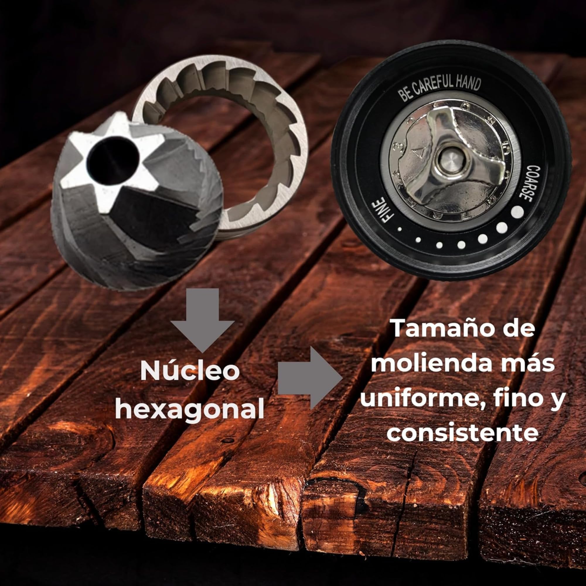 Molinillo Cafe Manual 25 g, Muelas Cónicas Hexagonales de Acero Inoxidable, Molienda Ajustable para Espresso, Moka y Prensa Francesa, Aluminio Anodizado y Nogal