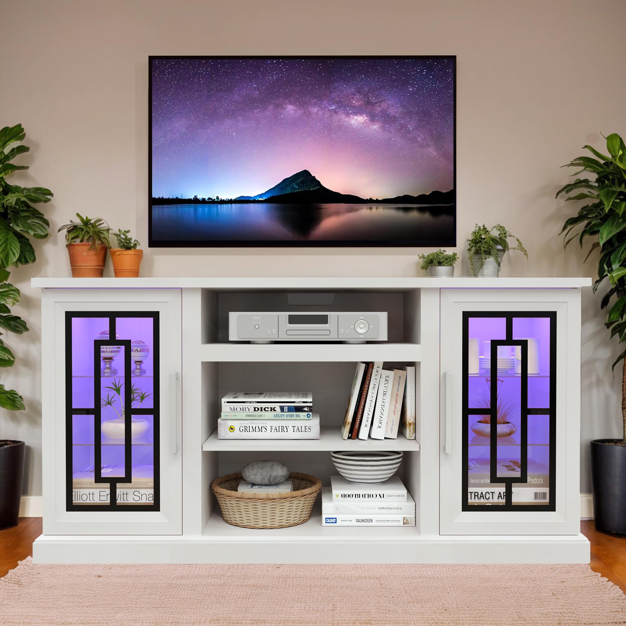 LED TV Stand, Entertainment Center for TVs up to 65'', Wooden Media Console w/Adjustable Storage Shelves & Glass Door, TV Cabinet for Living Room Bedroom, White