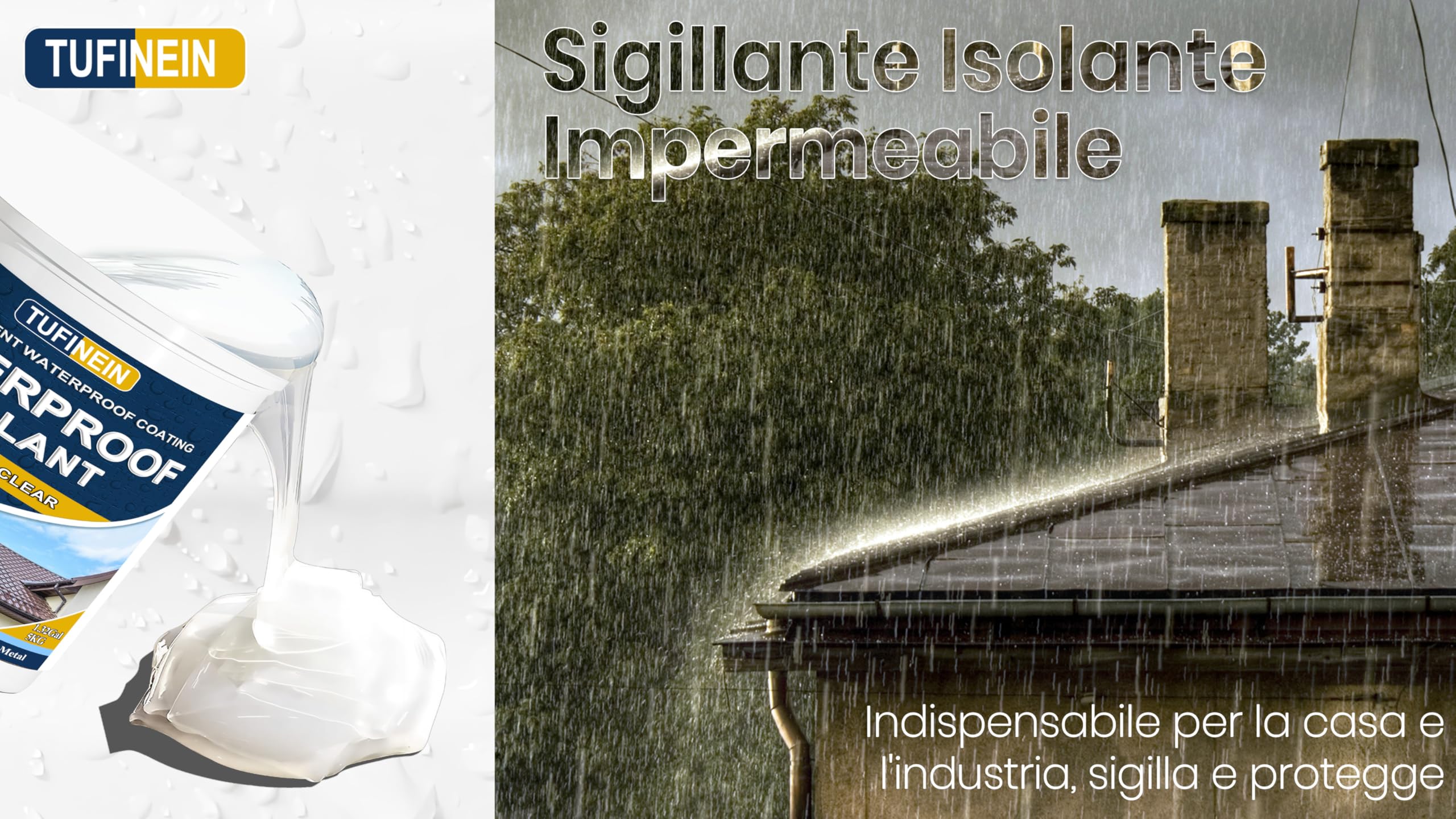 Sigillante Impermeabile Liquido 5KG, TUFINEIN Rivestimento Impermeabile Trasparente Impermeabilizzante Trasparente Guarnizione di Perdite, Interno ed Esterno Colla Impermeabile
